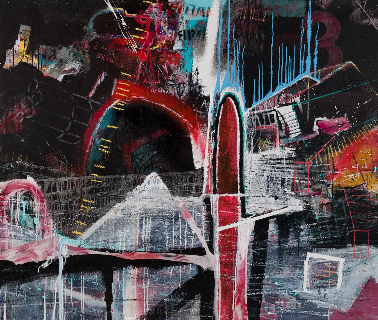 “Broken Hallway III” / acrylic paint, house paint, paint stick, acrylic marker, cloth, paper, and canvas on canvas / 54 X 64 in. / 2023 / SOLD