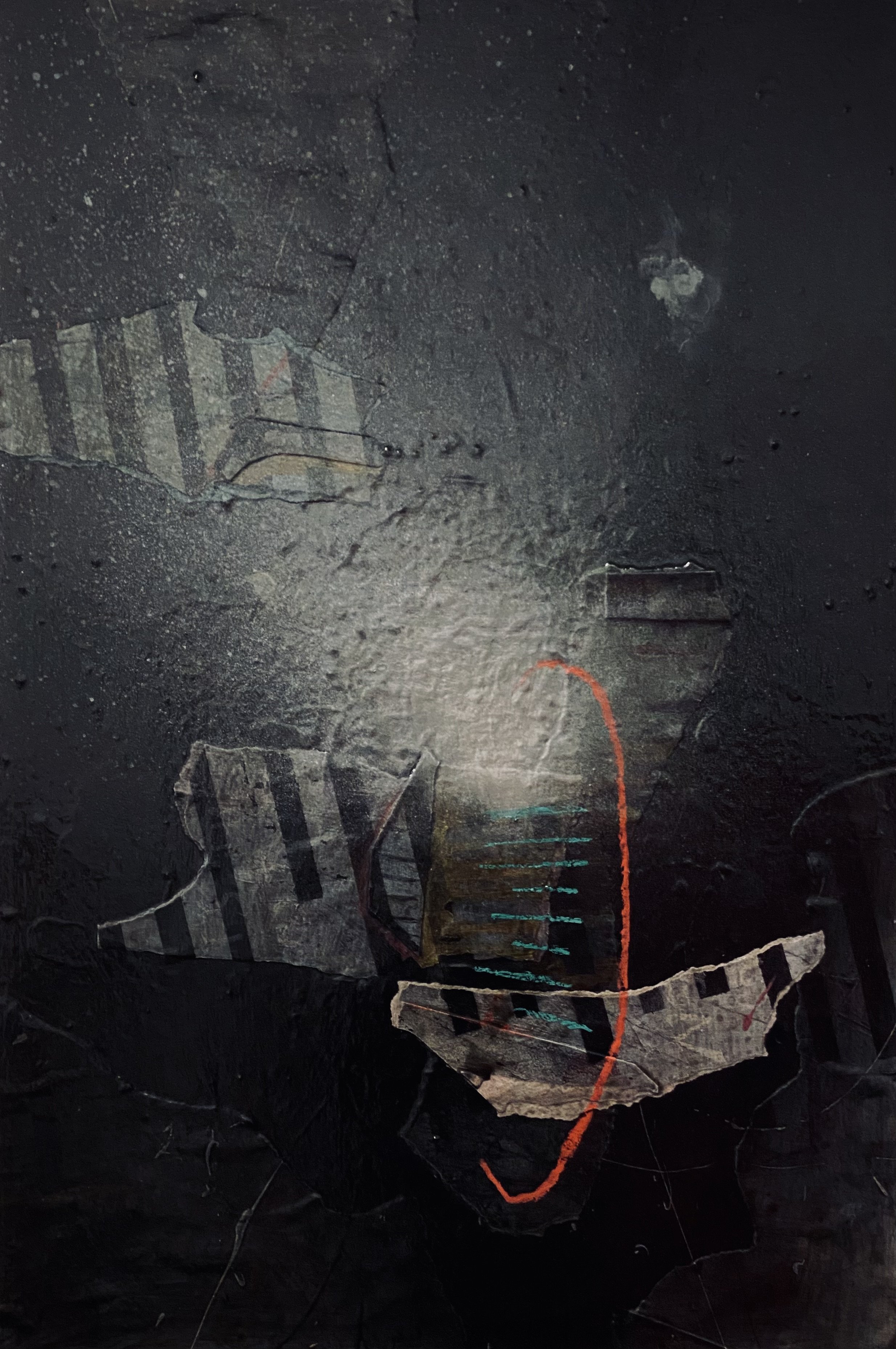 “Andromeda Smile” / acrylic paint, paint stick, charcoal, and paper on wood panel / 36 X 24 in. / 2023