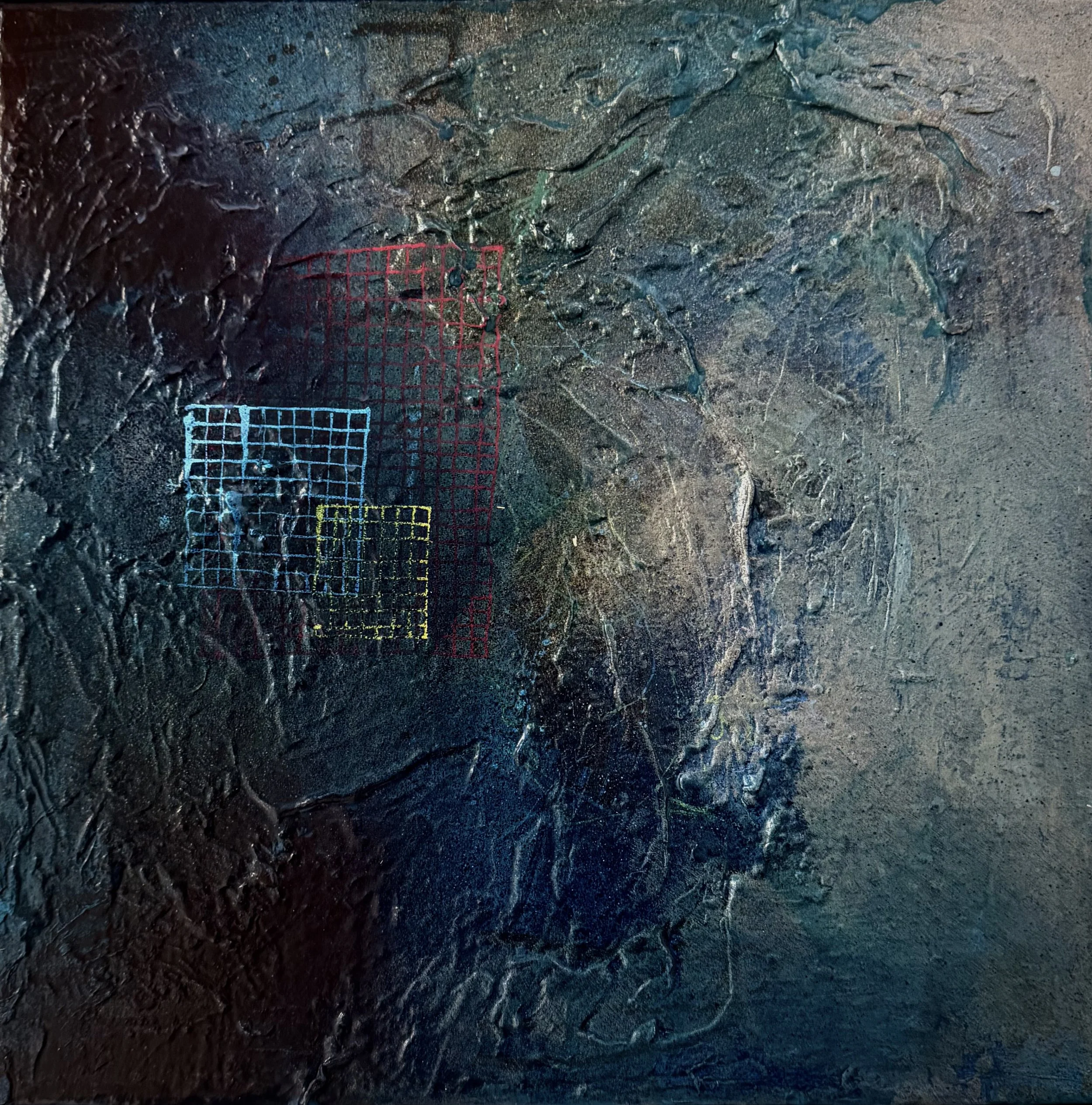 "Polycrisis Blues II" / acrylic paint, house paint, acrylic marker, paint stick, and joint compound on canvas / 12 x 12 in. / 2026