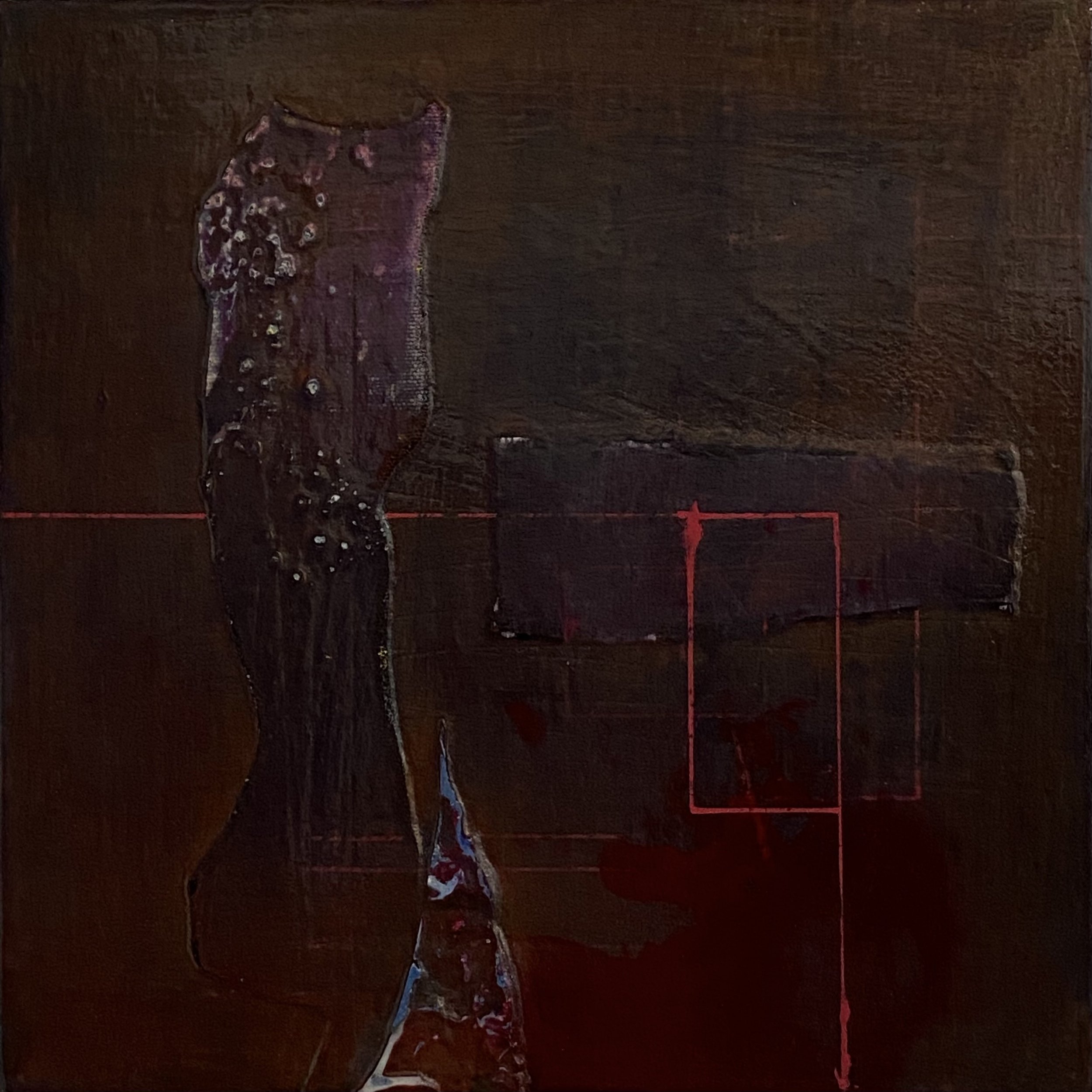 “Last Known” acrylic paint, paint stick, paint marker, ink, canvas, and paper on wood panel / 10 X 10 in. / 2023 / SOLD