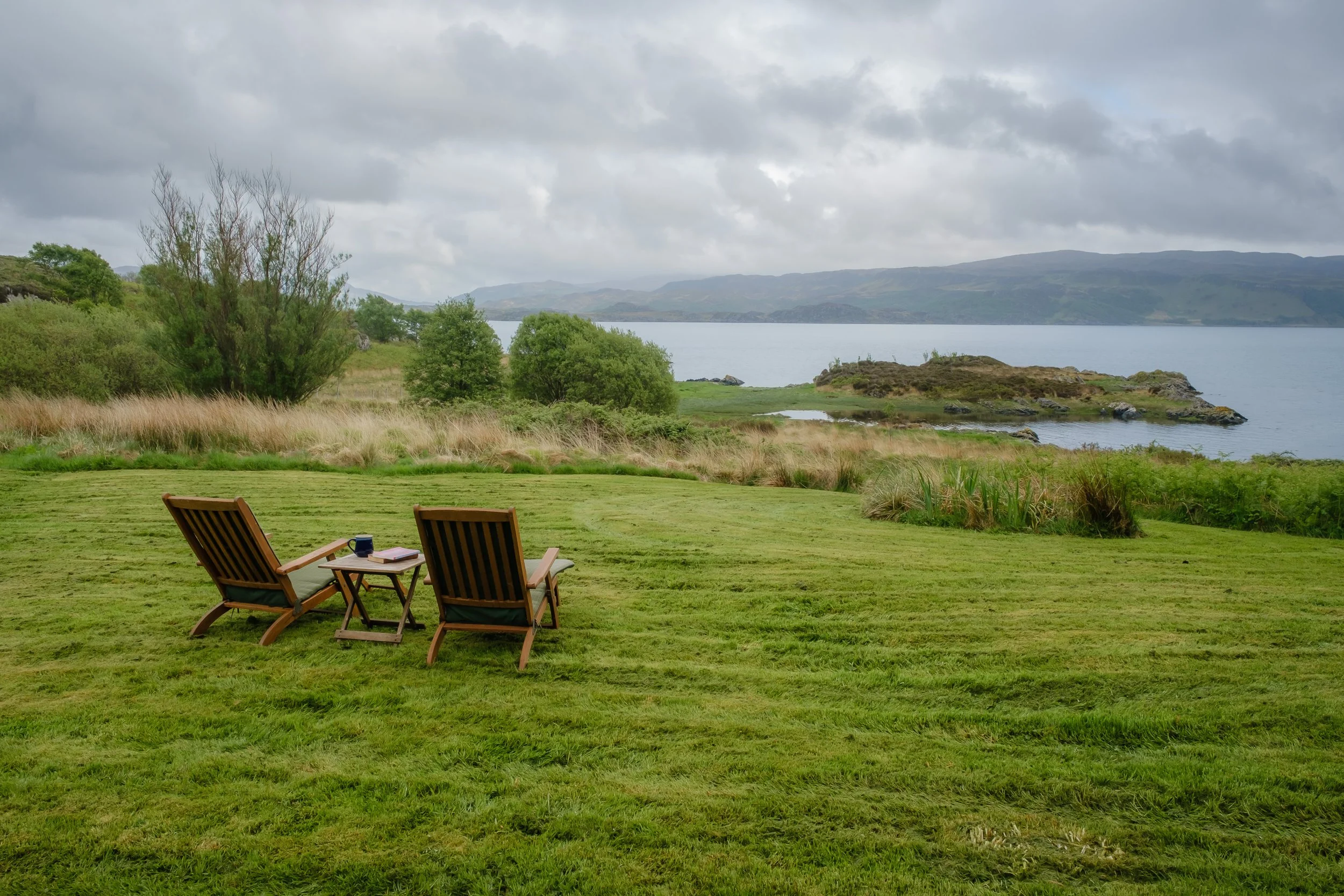 Deck chairs and view over loch sunart. Camas bàn cottage, self catering cottage for 2 -4 people on the shorefront of Loch Sunart, Ardnamurchan (Copy)