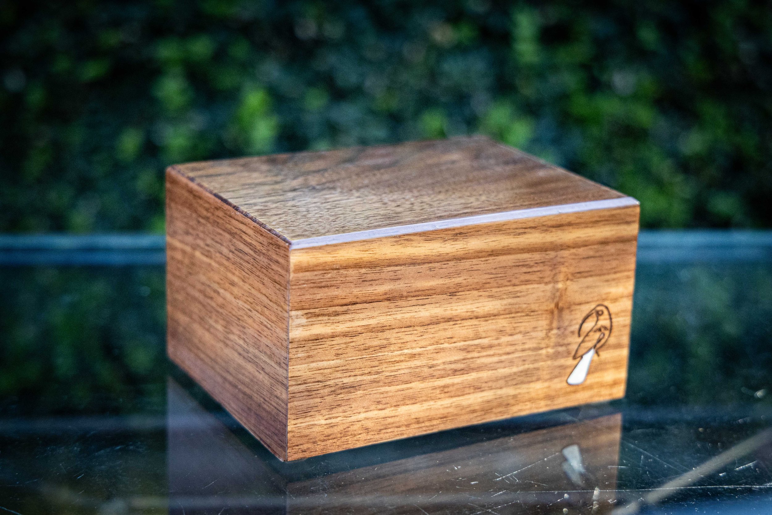 Large Black Walnut handcrafted pet urn with velvet lining and high gloss finish 