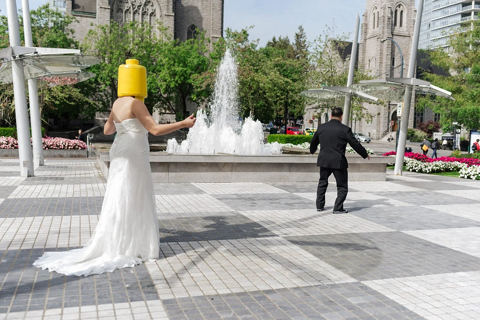 first look with bride in lego head
