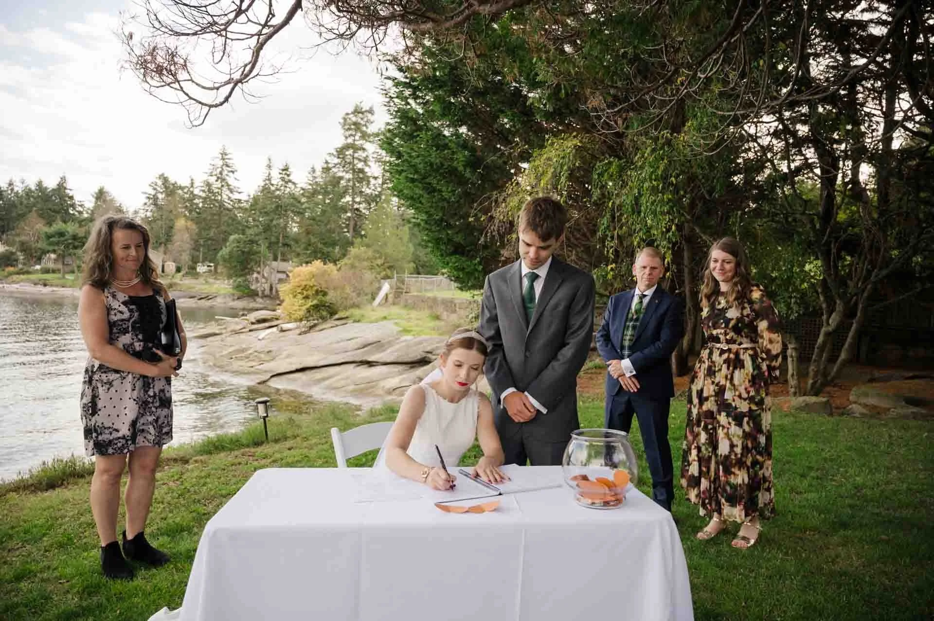 a bride and groom signing their marriage license.