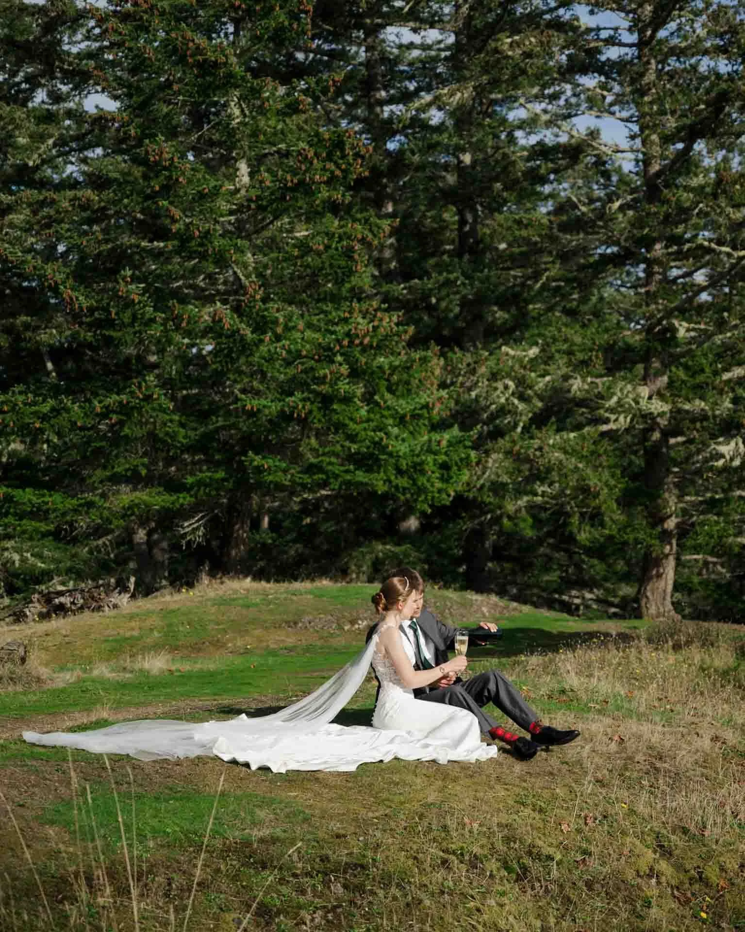 couple sitting on the grass with glasses of champagne