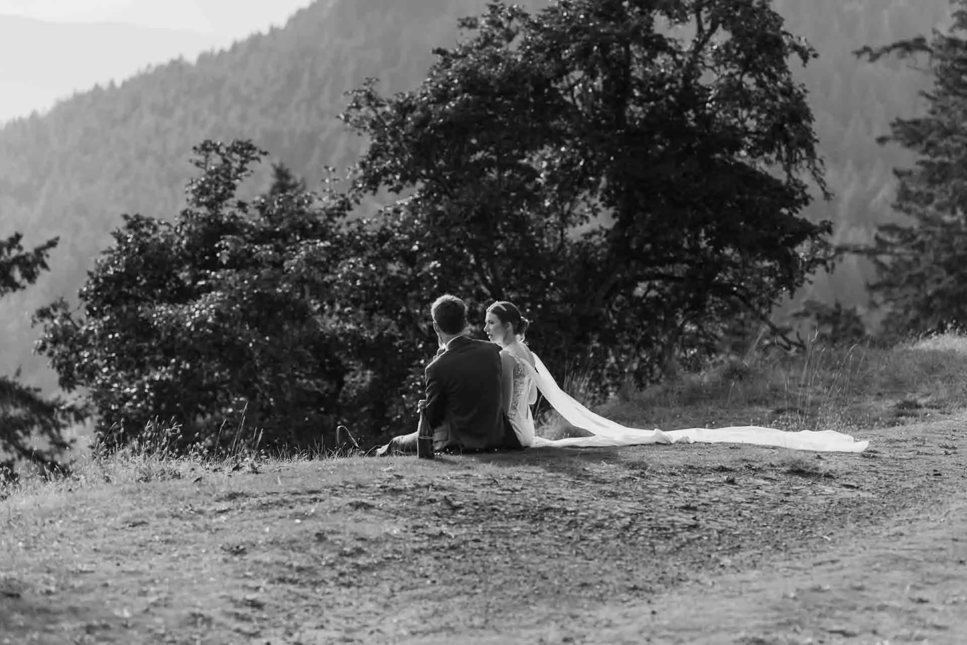 bride and groom sitting on the grass with trees in the background