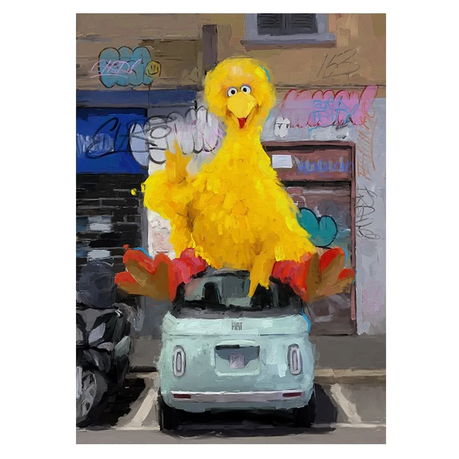 Limited edition art print titled "Bird in Milan" by FunnyTummy, depicting a large Big Bird sitting on a light blue Fiat 500 in a graffiti-covered Milanese street.