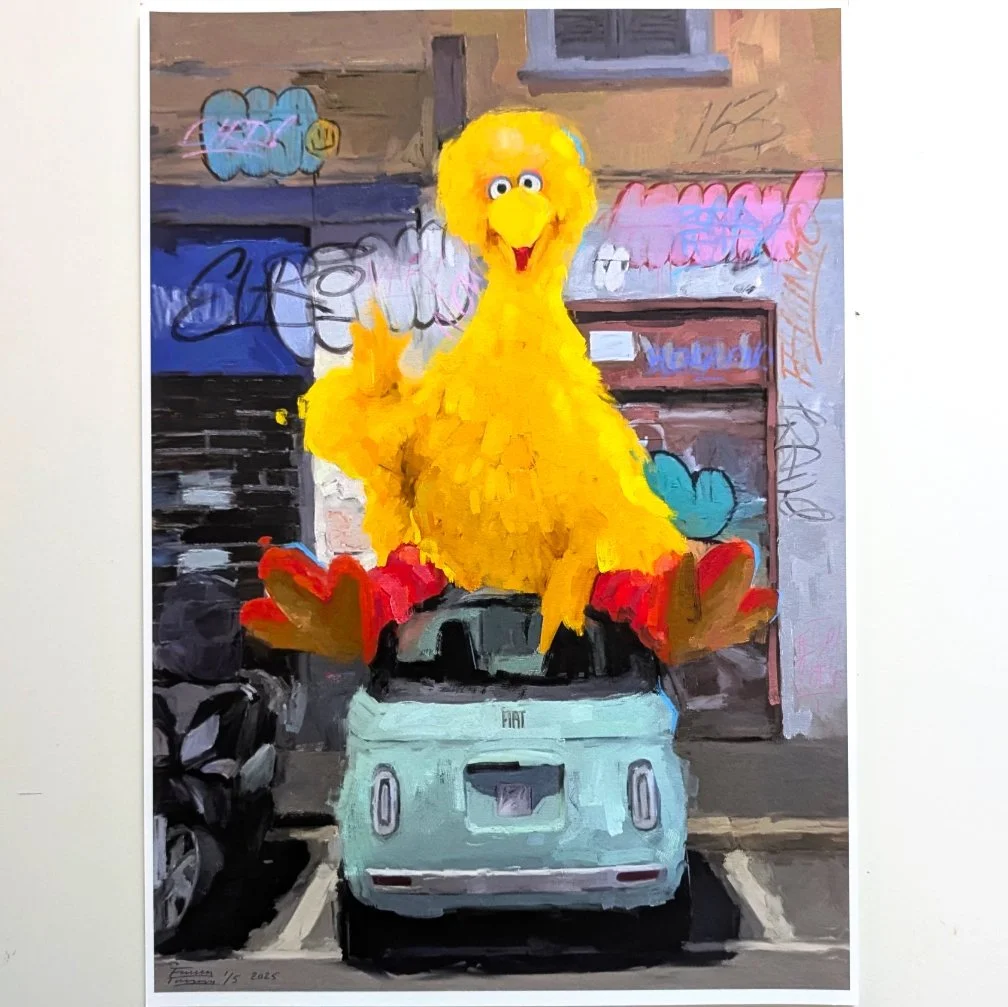 Limited edition art print titled "Bird in Milan" by FunnyTummy, depicting a large Big Bird sitting on a light blue Fiat 500 in a graffiti-covered Milanese street.