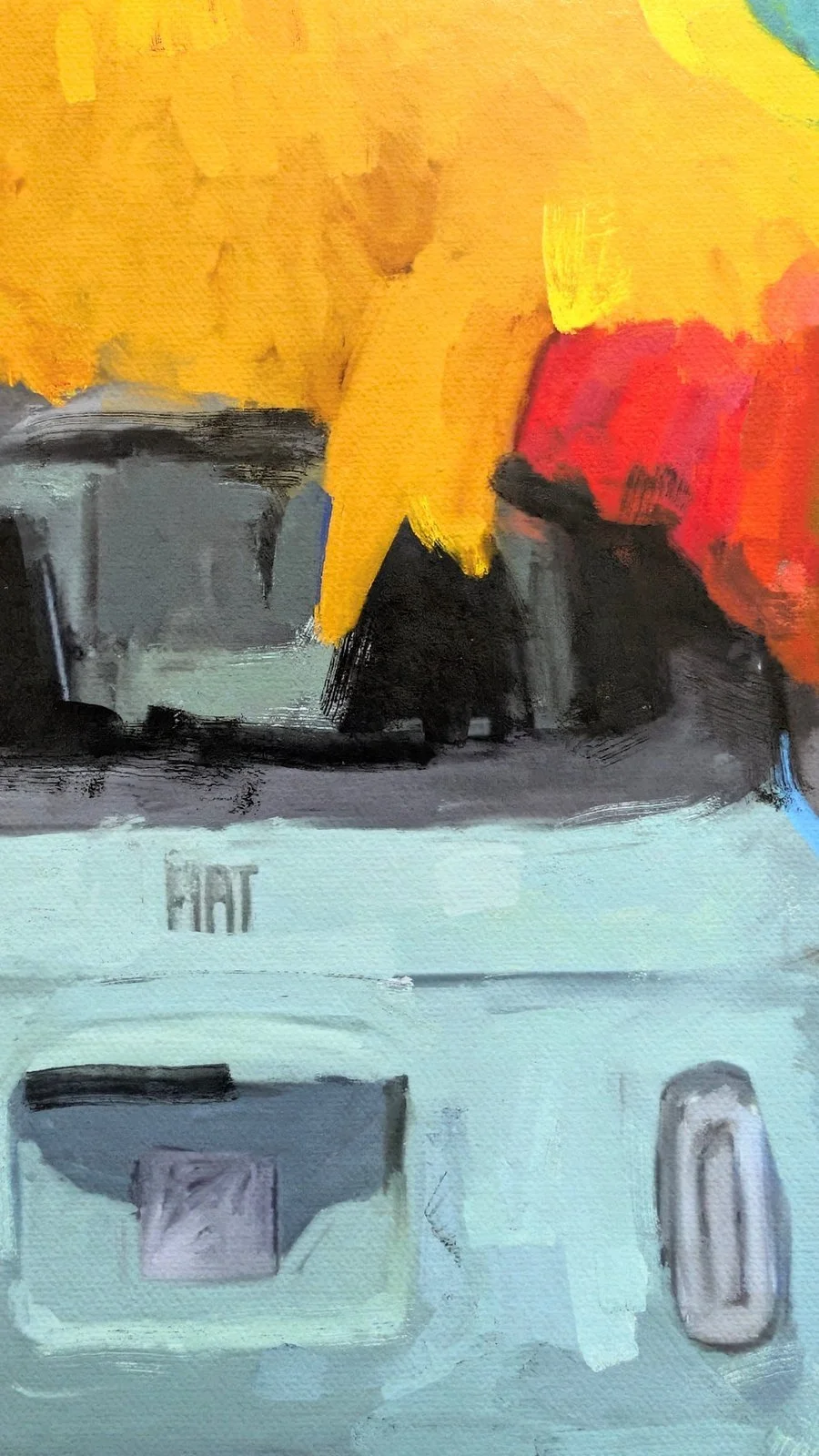 Limited edition art print titled "Bird in Milan" by FunnyTummy, depicting a large Big Bird sitting on a light blue Fiat 500 in a graffiti-covered Milanese street.