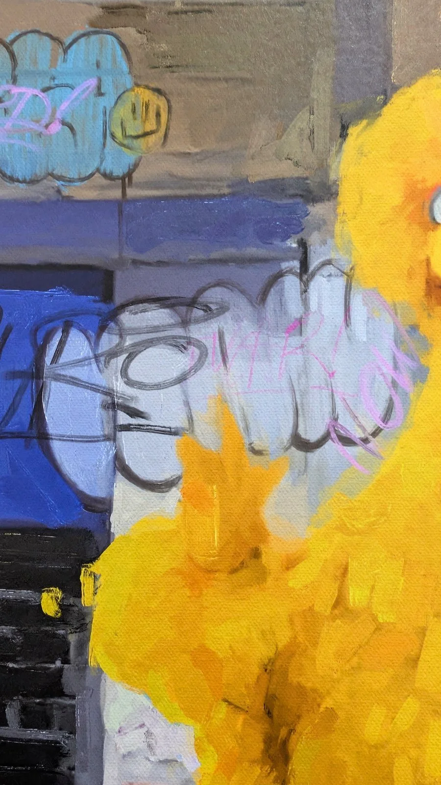 Limited edition art print titled "Bird in Milan" by FunnyTummy, depicting a large Big Bird sitting on a light blue Fiat 500 in a graffiti-covered Milanese street.