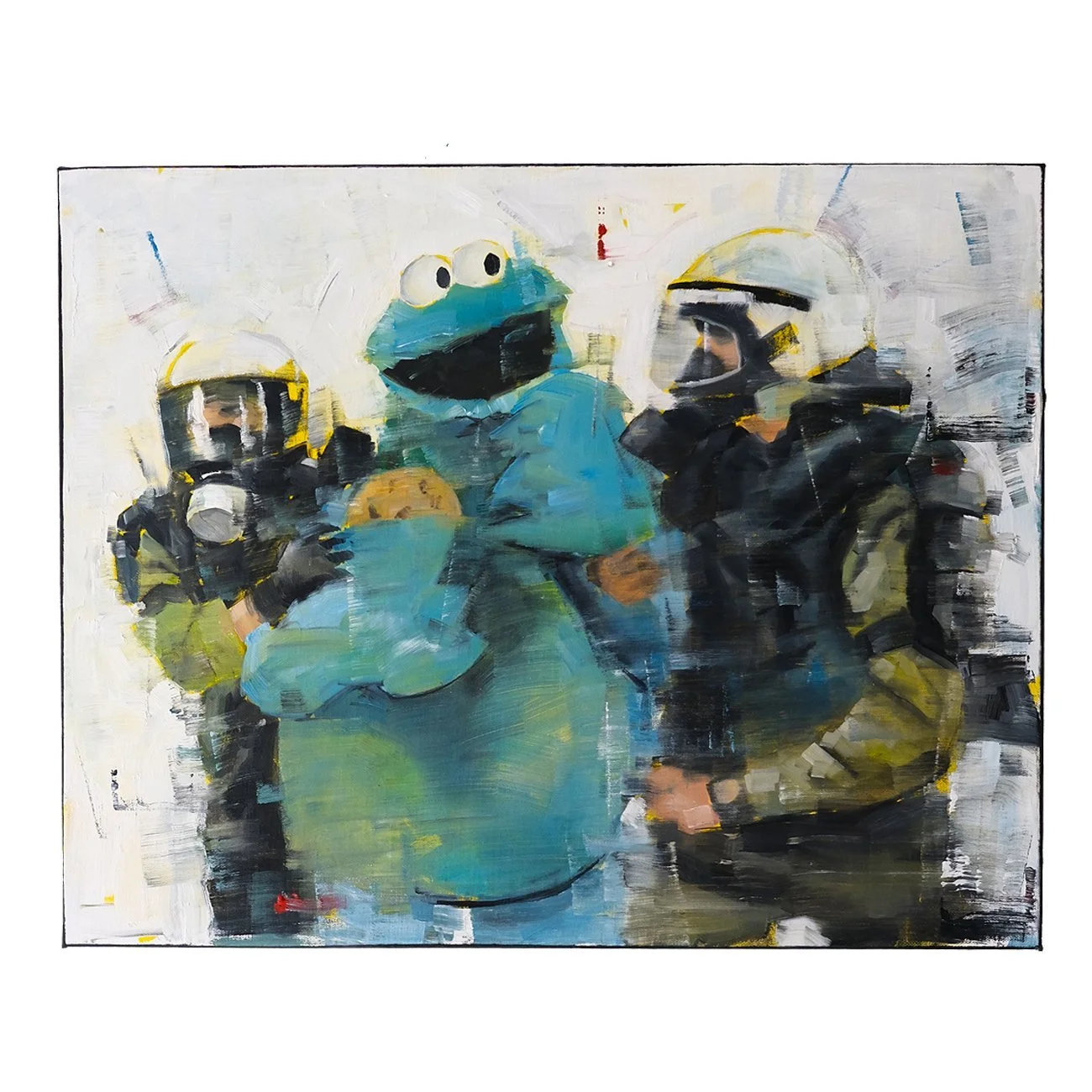 Art print titled "Cookie Arrest" by FunnyTummy, depicting Cookie Monster being held by two figures in riot gear against an abstract white background.