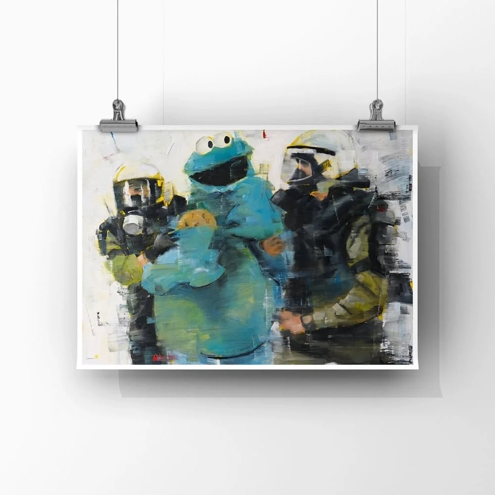 Art print titled "Cookie Arrest" by FunnyTummy, depicting Cookie Monster being held by two figures in riot gear against an abstract white background.