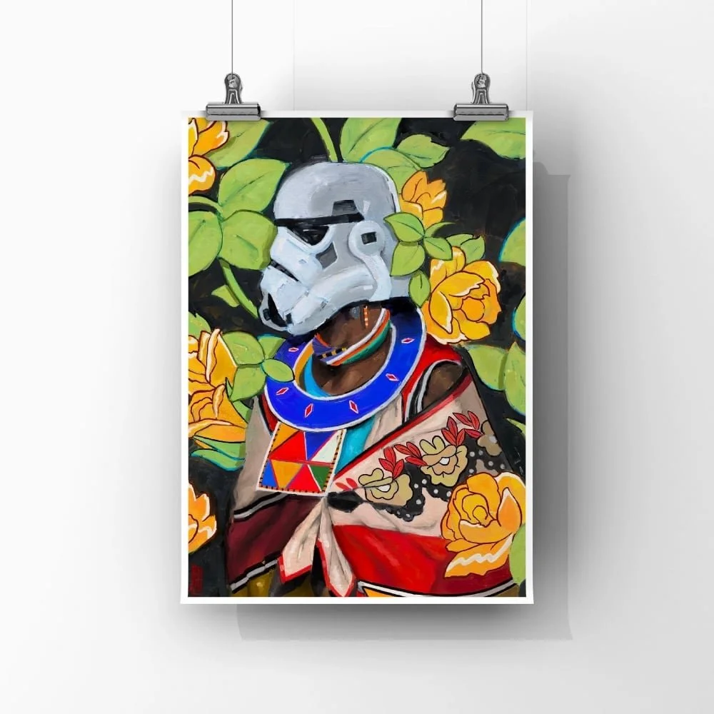 Art print titled "Tribal Trooper Two" by FunnyTummy, depicting a Stormtrooper helmet on a figure wearing colorful traditional African tribal clothing, surrounded by yellow roses.