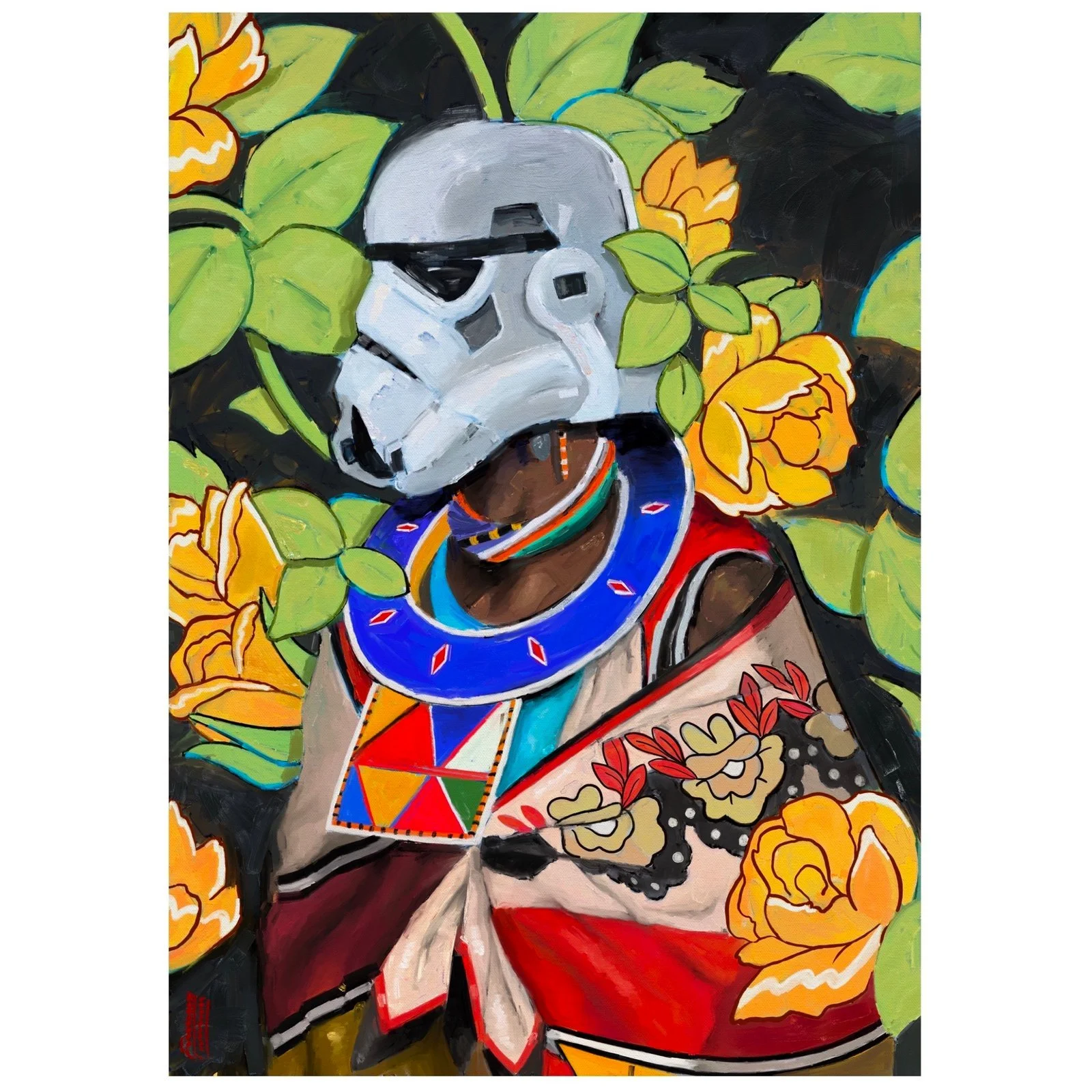 Art print titled "Tribal Trooper Two" by FunnyTummy, depicting a Stormtrooper helmet on a figure wearing colorful traditional African tribal clothing, surrounded by yellow roses.