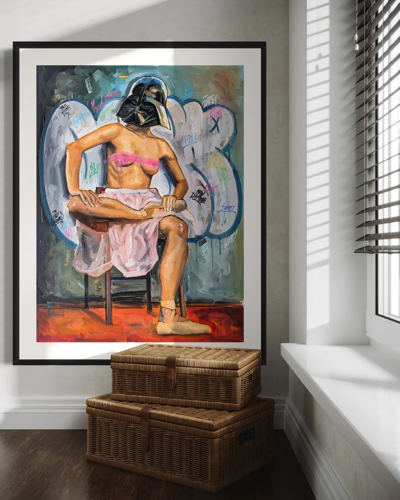 Original oil painting titled "Dark Side" by FunnyTummy, depicting a person wearing a Darth Vader helmet and a sheer white skirt, with a graffiti background.