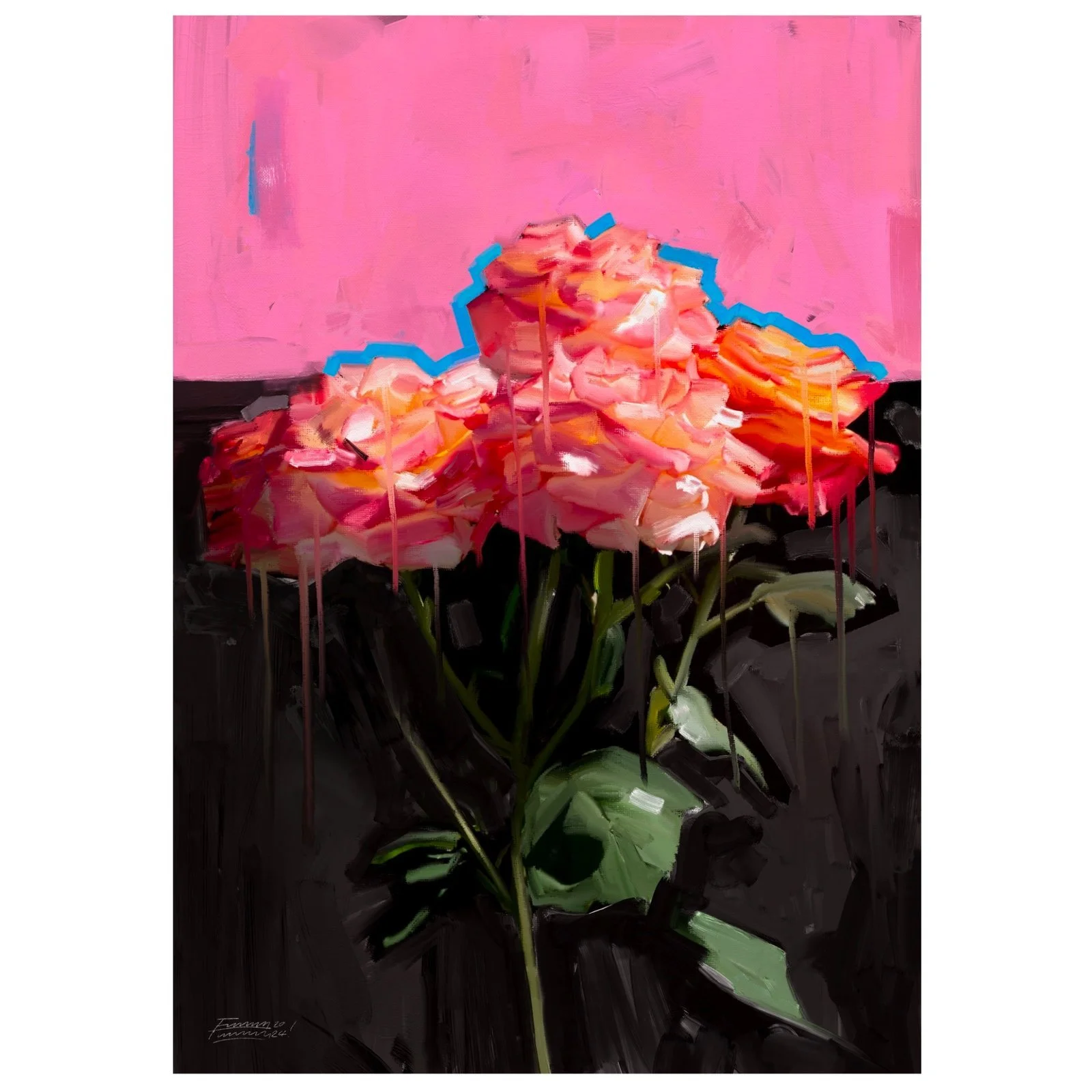 Art print titled "Pitch Pink" by FunnyTummy, showing three pink and orange roses with a blue outline, set against a background split into black on the bottom and bright pink on top.