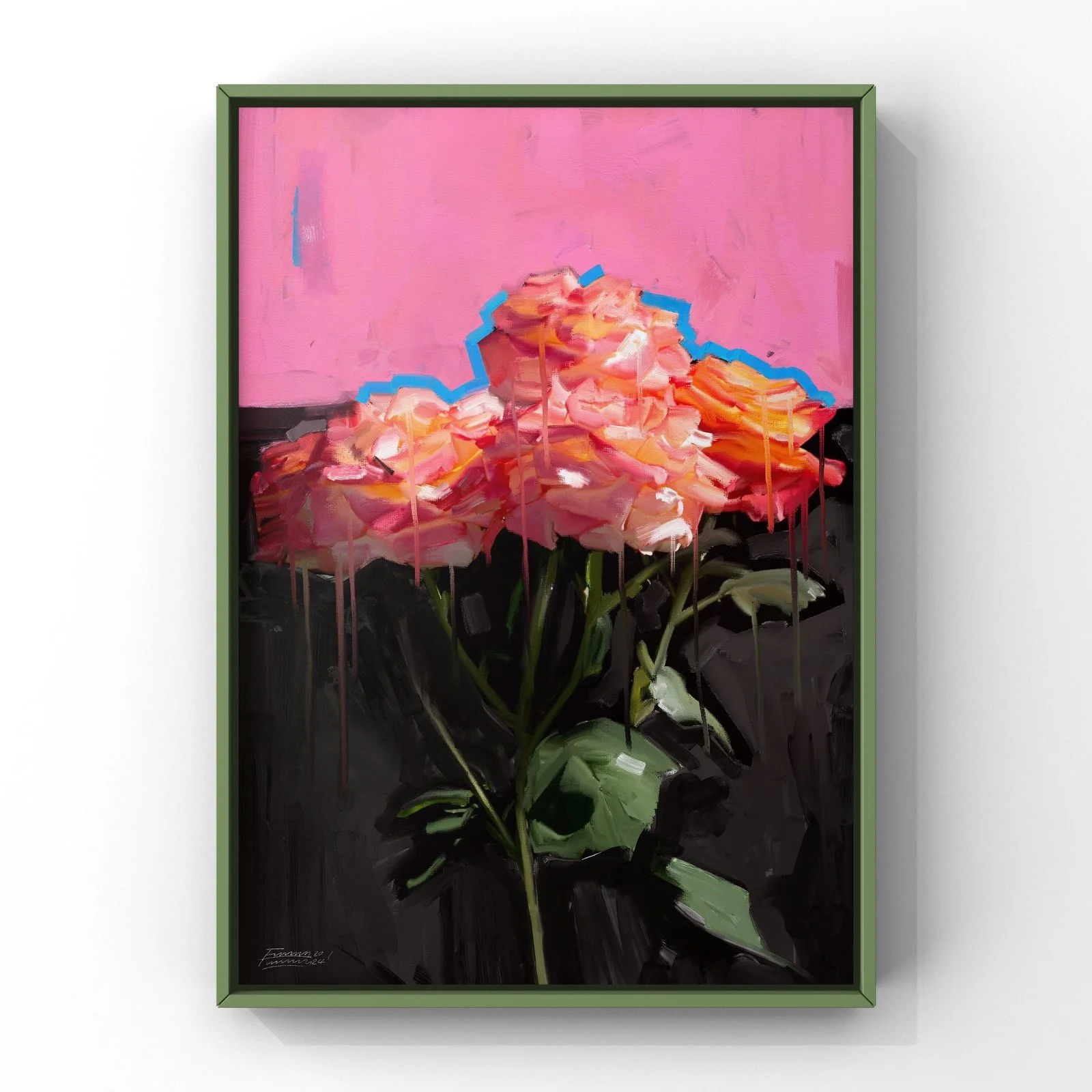 Art print titled "Pitch Pink" by FunnyTummy, showing three pink and orange roses with a blue outline, set against a background split into black on the bottom and bright pink on top.