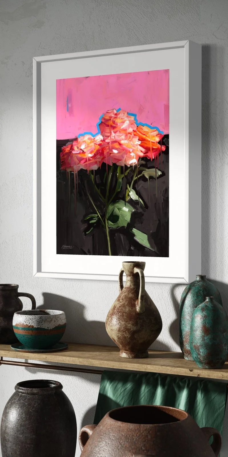 Art print titled "Pitch Pink" by FunnyTummy, showing three pink and orange roses with a blue outline, set against a background split into black on the bottom and bright pink on top.