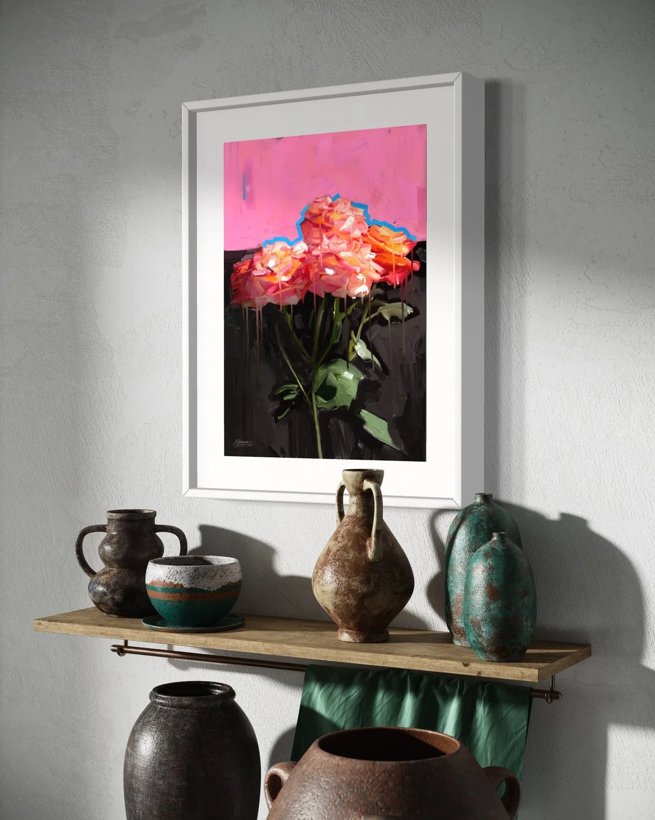 Art print titled "Pitch Pink" by FunnyTummy, showing three pink and orange roses with a blue outline, set against a background split into black on the bottom and bright pink on top.
