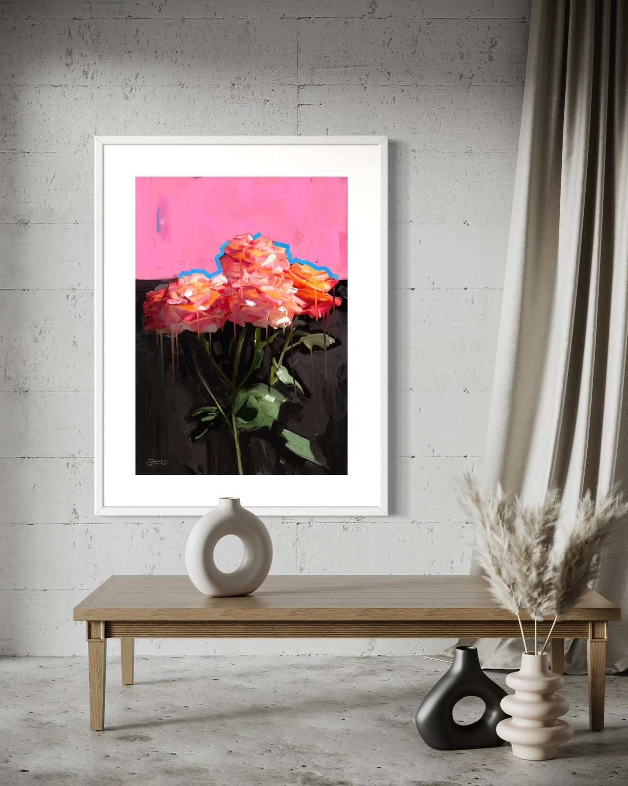 Art print titled "Pitch Pink" by FunnyTummy, showing three pink and orange roses with a blue outline, set against a background split into black on the bottom and bright pink on top.