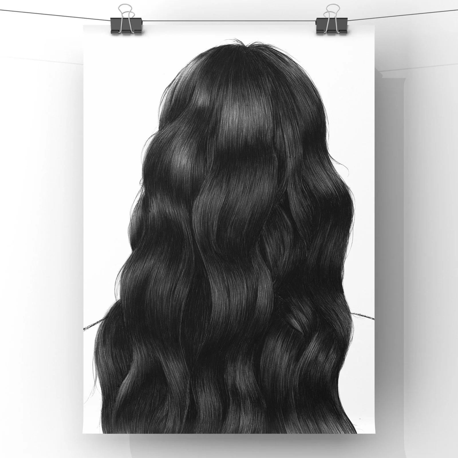 Art print titled "NO CUTS" by FunnyTummy, showing a highly detailed, black and white drawing of the back of a person's head with their hair in a bun, created with a ballpoint pen.