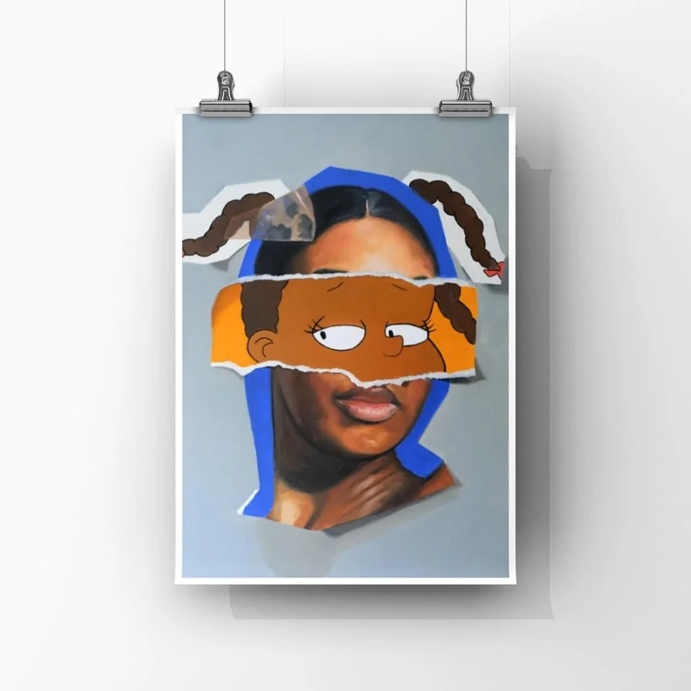 Art print titled "Side-Eye Susie" by FunnyTummy, showing a realistic portrait with a torn piece of paper in the middle featuring the cartoon character Susie Carmichael from Rugrats.