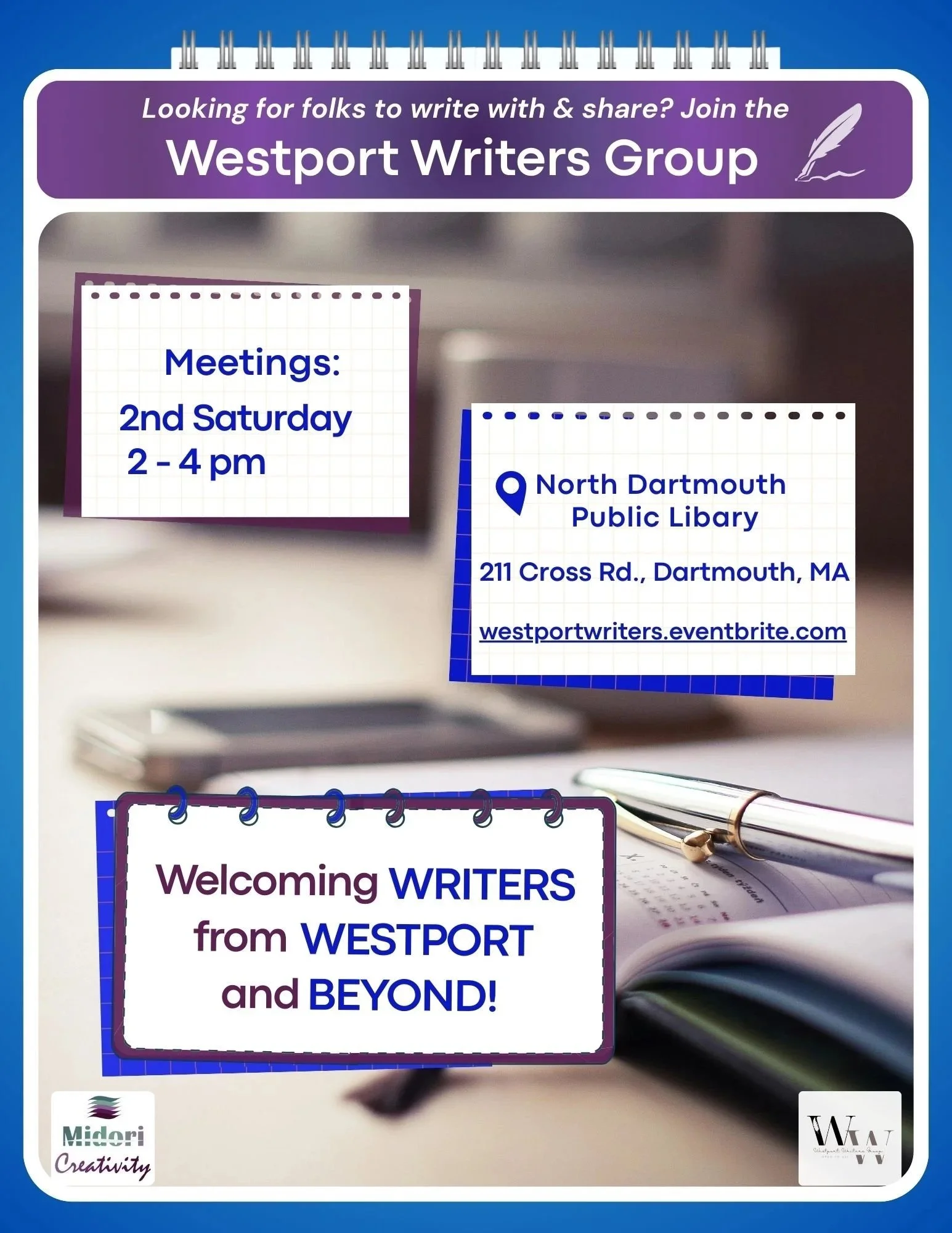 description of ongoing writing group time and place with purple and blue themes and spiral notebook and graph paper backgrounds