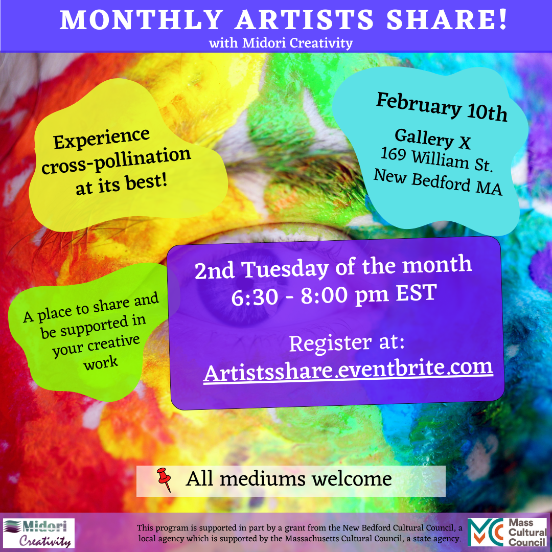 Announcement of the upcoming Monthly Artists Share event by Midori Creativity