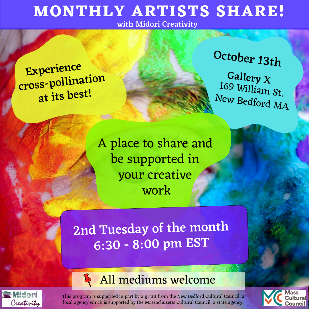 Announcement of the upcoming Monthly Artists Share! event by Midori Creativity