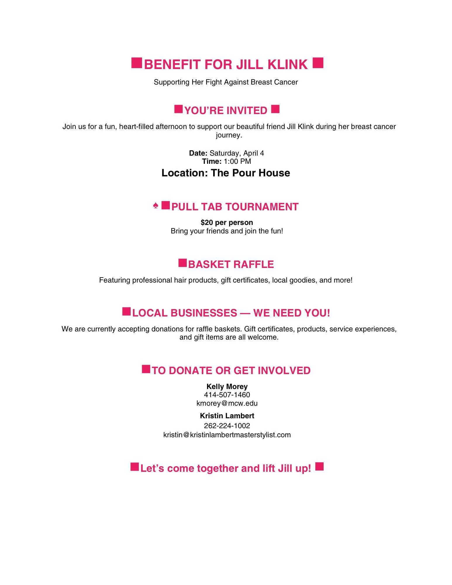 💗 Calling on my amazing FB community&hellip;

We are hosting a benefit for our sweet Jill Klink and would love your support. If you or your business would like to donate to our raffle baskets, it would mean so much.

Every little bit helps us lift h