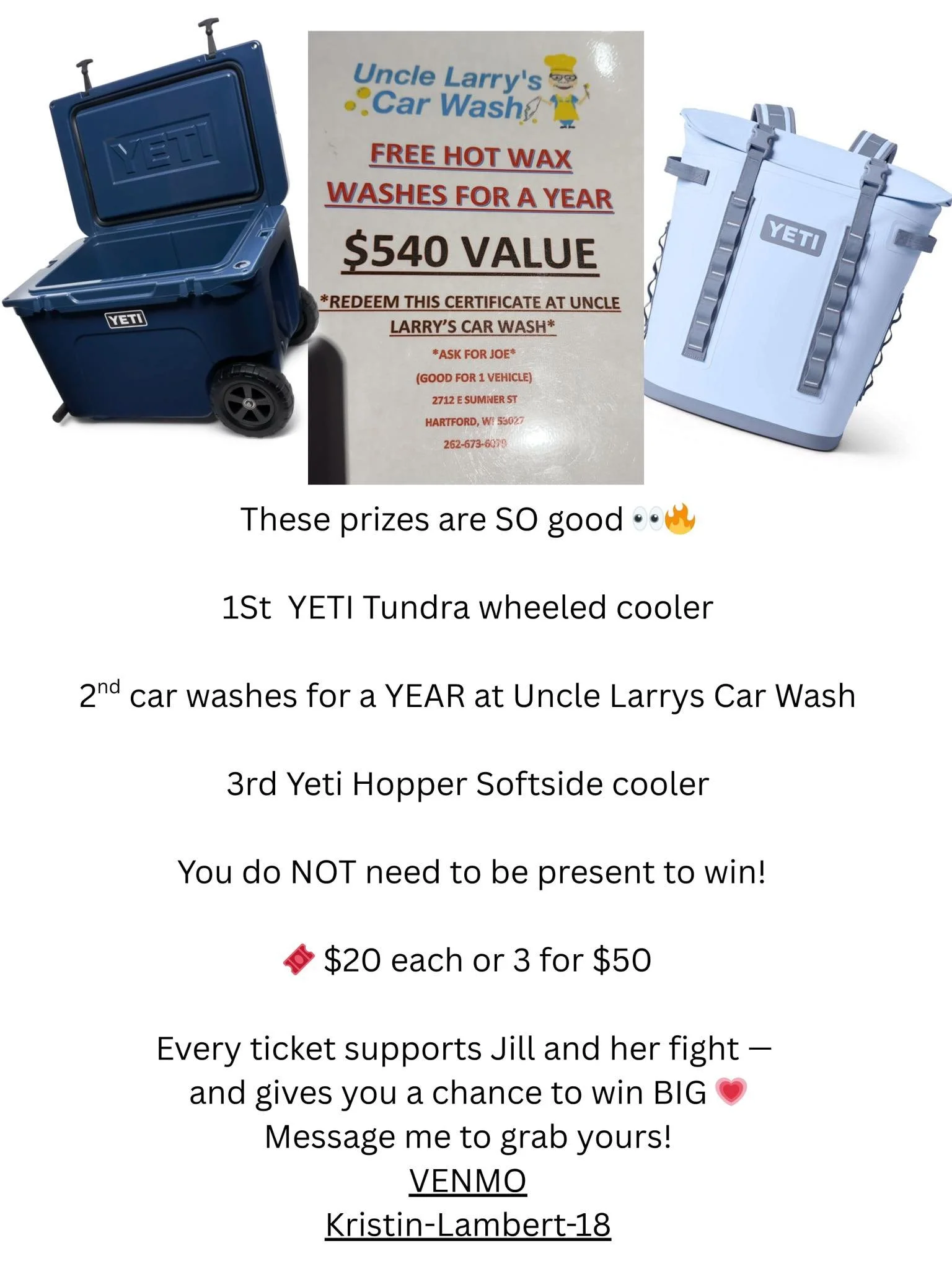 **Only One More Week!** 
Purchase your BIG Raffle prize tickets all week leading up to the event! 

Thank you, 
Tonya Werner 
Accounting 
Strikes, Spares, and Spirits 
Uncle Larry's Car Wash 

**BIG Raffle for BIG Prizes!** 
- 1 ticket for $20 
- 3 t