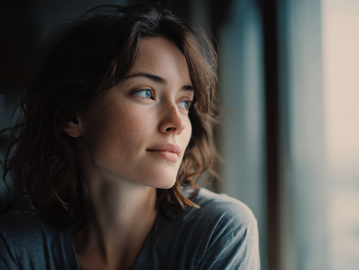 woman looking out window as she struggles with depression and seeks help