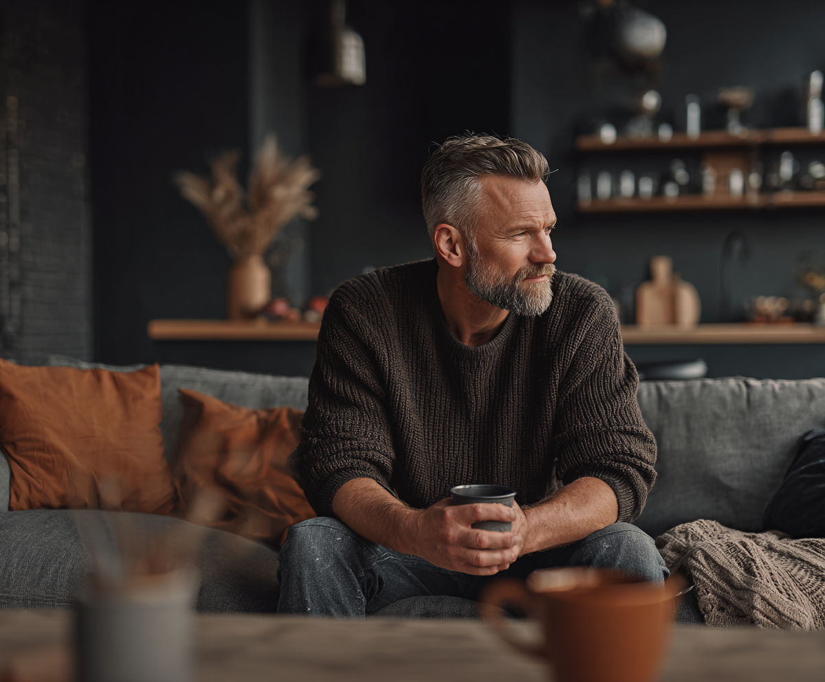 Middle-aged man sitting thoughtfully in a comfortable living space, reflecting during men’s therapy focused on emotional wellness in Encinitas, CA.