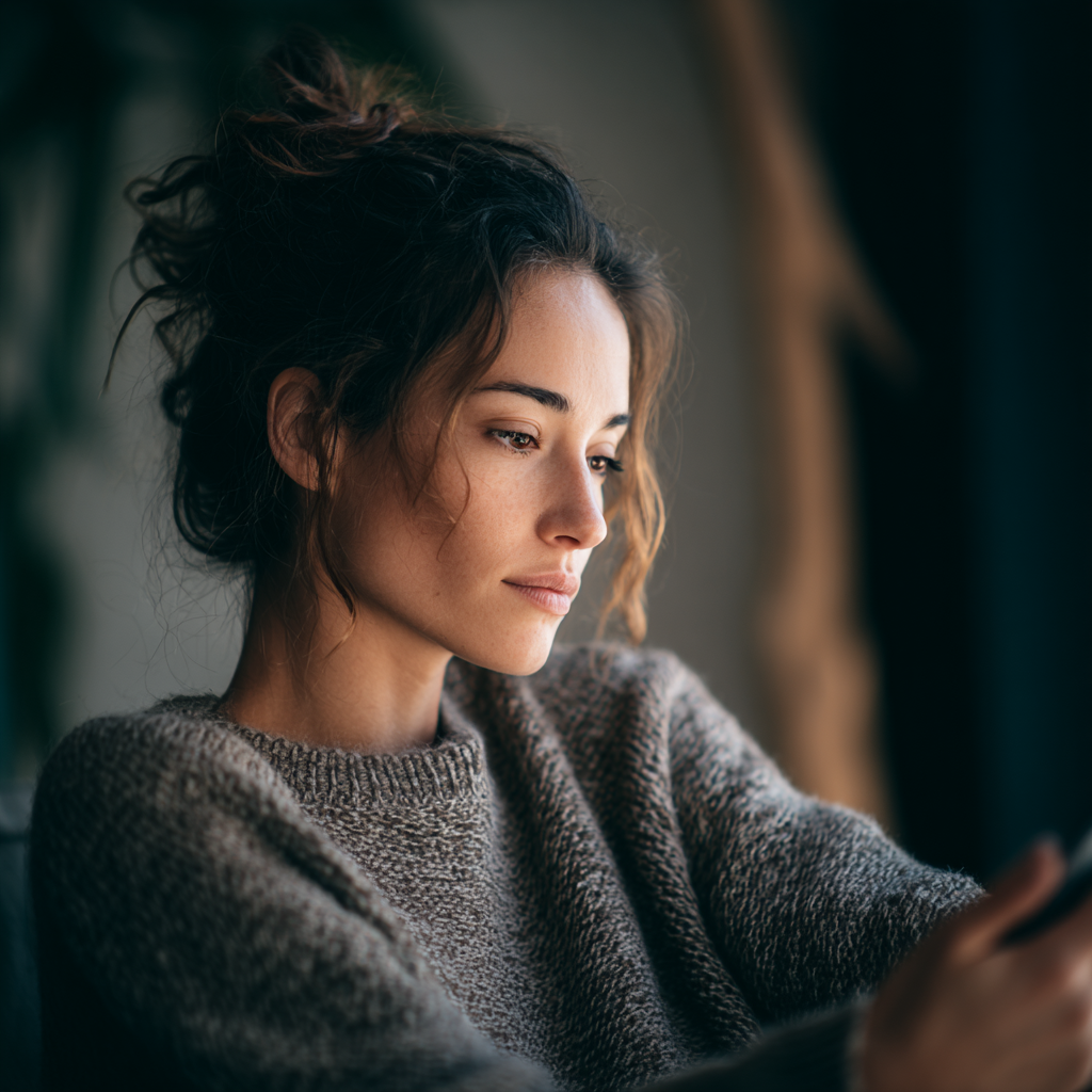 Young woman gazing away with a worried, anxious expression