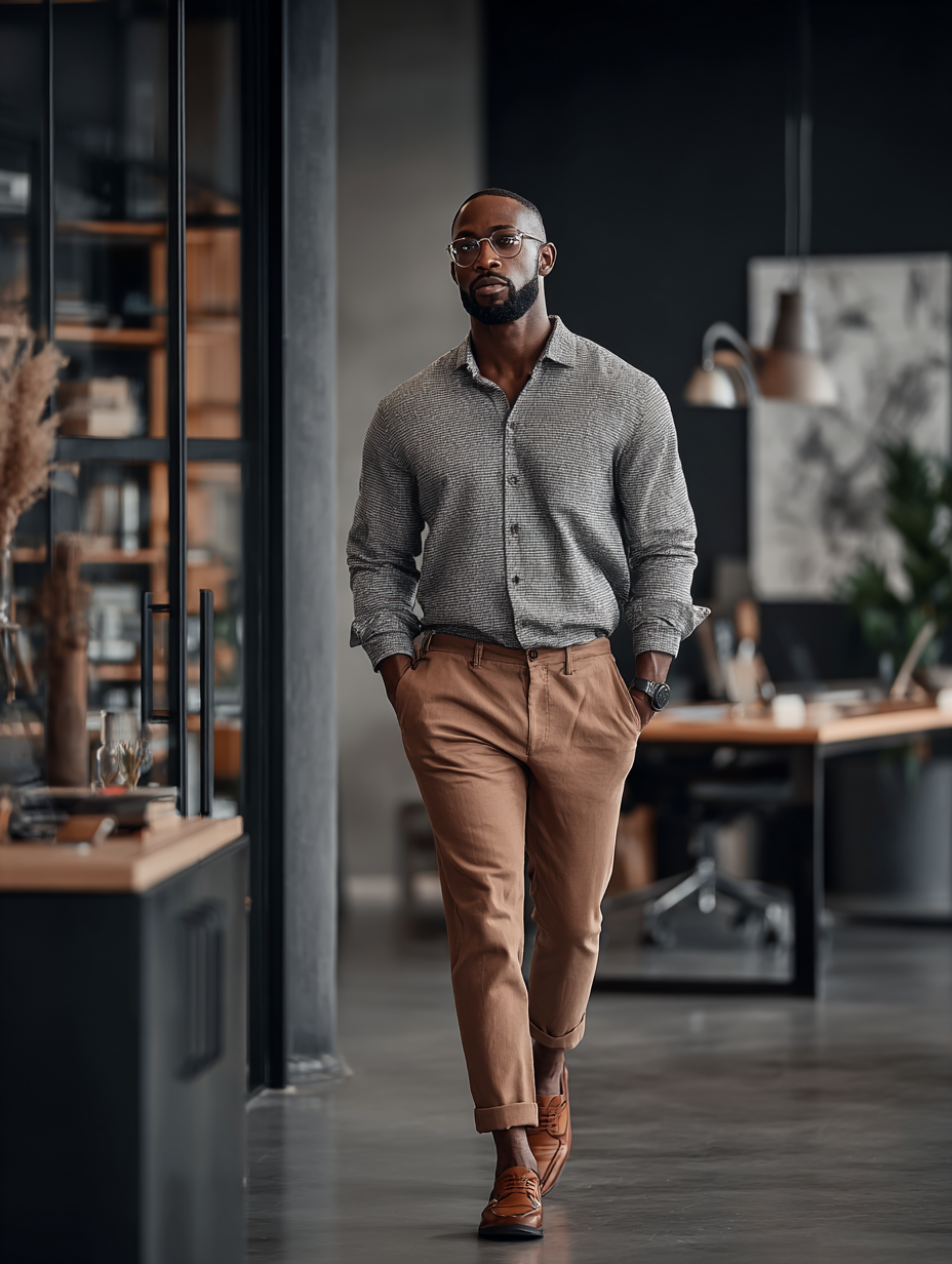 Man walking confidently through a modern office space, representing professional men seeking therapy and emotional support in Encinitas, CA.