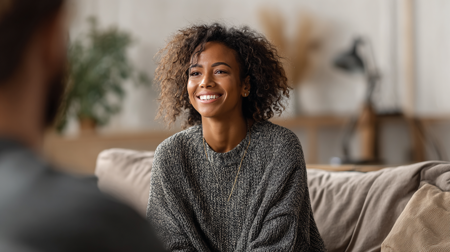 woman showing signs of relief during therapy session