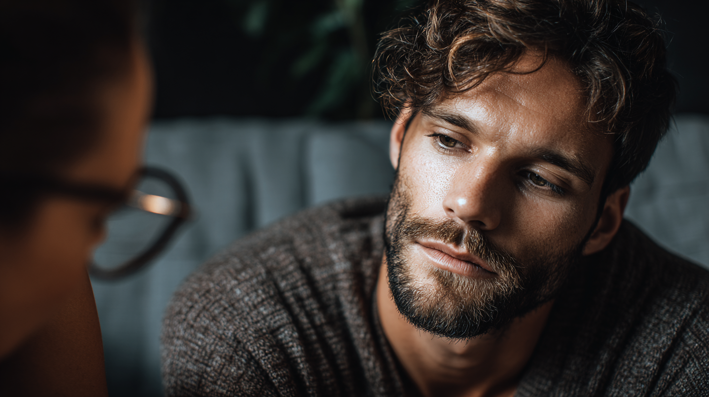 Man speaking with a therapist in a calm, private setting, representing men’s therapy sessions focused on emotional support and clarity in Encinitas, CA.