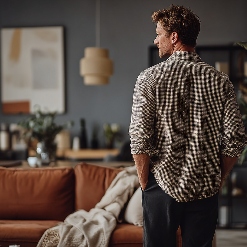 A man reflecting in a modern living space, representing therapy for men in Encinitas seeking support for stress and life transitions near Cardiff and Carlsbad