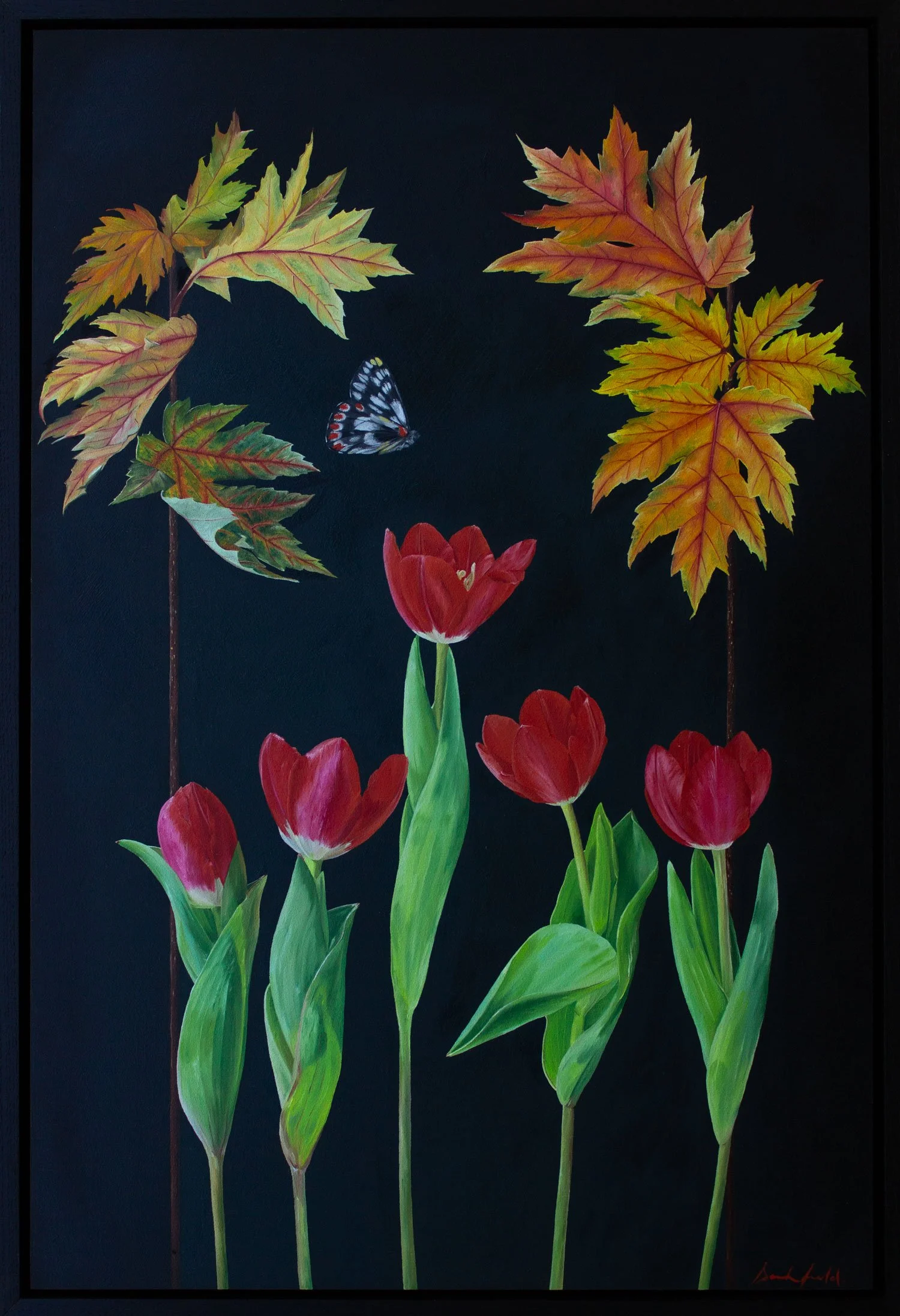 Painting of tulips and maple leaves by artist Sarah Field