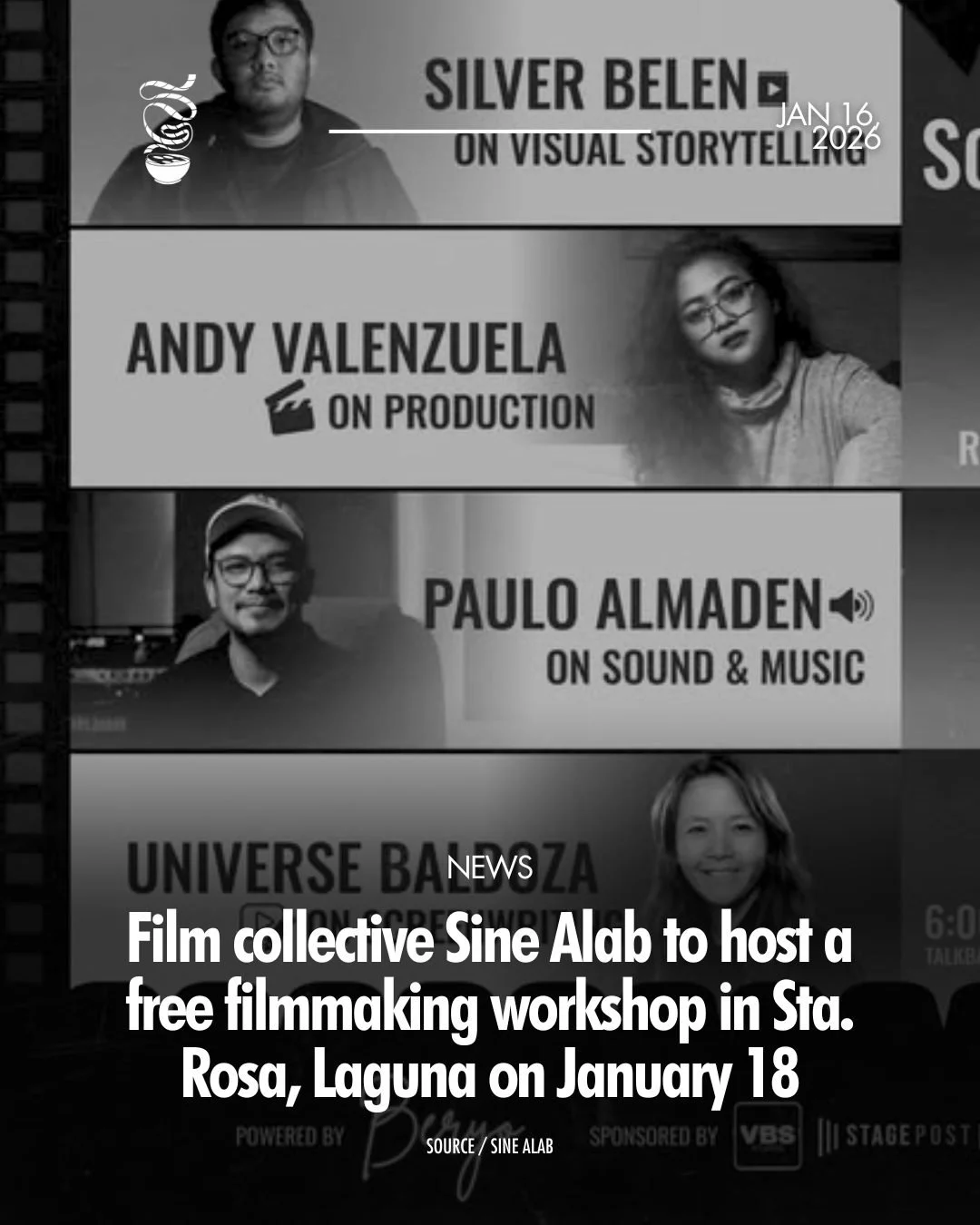 LIBRENG WOKRSHOP SA LAGUNA!

A free filmmaking workshop hosted by film collective Sine Alab at Beryo, Sta. Rosa, Laguna, on January 18. Featured guest speakers include Silver Belen, Andy Valenzuela, Paulo Almaden, and Universe Baldoza.

RSVP: https:/