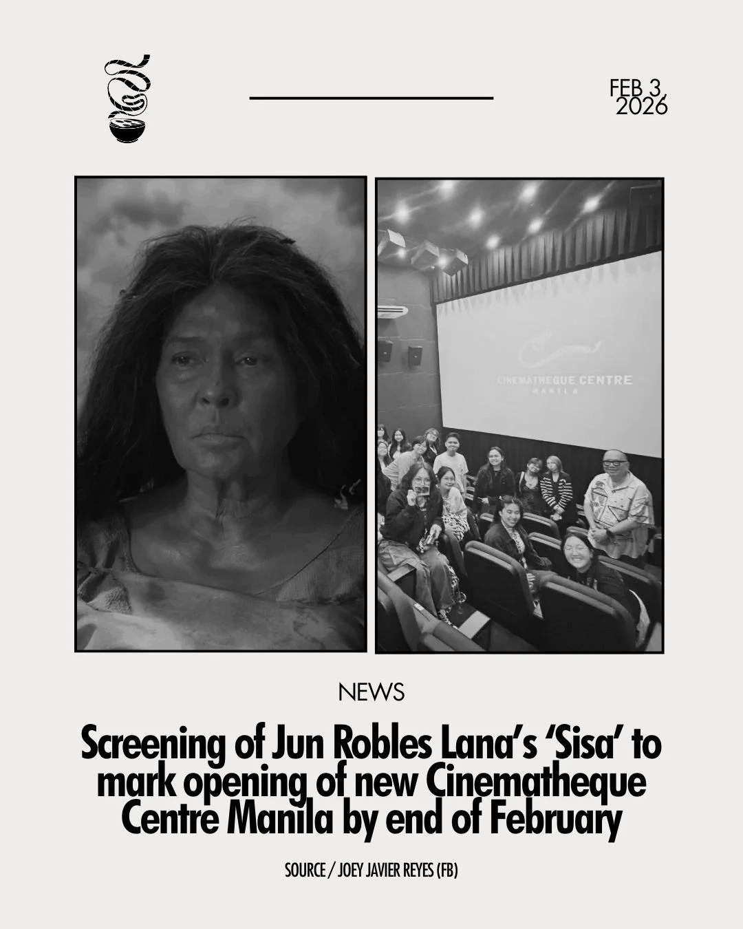 SEE SISA SOON!

A special screening of Jun Robles Lana's upcoming Hilda Koronel vehicle 'Sisa' will mark the opening of the new Cinematheque Centre Manila at the Philippine Film Heritage Building in Intramuros. The opening is marked for the end of Fe