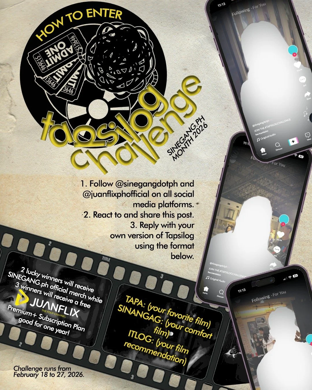 SINEGANG.ph TURNS 5!

In collaboration with JuanFlix, we are bringing back the Tapsilog Challenge for this year's SINEGANG.ph month! Share us your very own Tapsilog film recipe and get a chance to win cinephile prizes!

How to Enter?
1. Follow us and