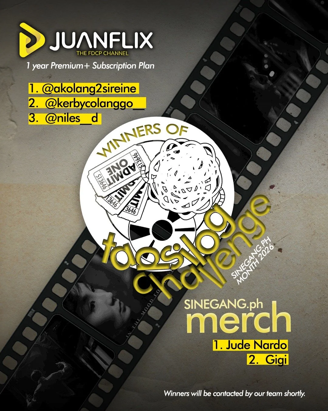 PA-TAPSILOG KA NAMAN DIYAN!

Congratulations to our winners who will receive SINEGANG.ph official merch and a free JuanFlix subscription good for one year! Please message us to claim your prize.

Thank you as well to everyone who participated in our 