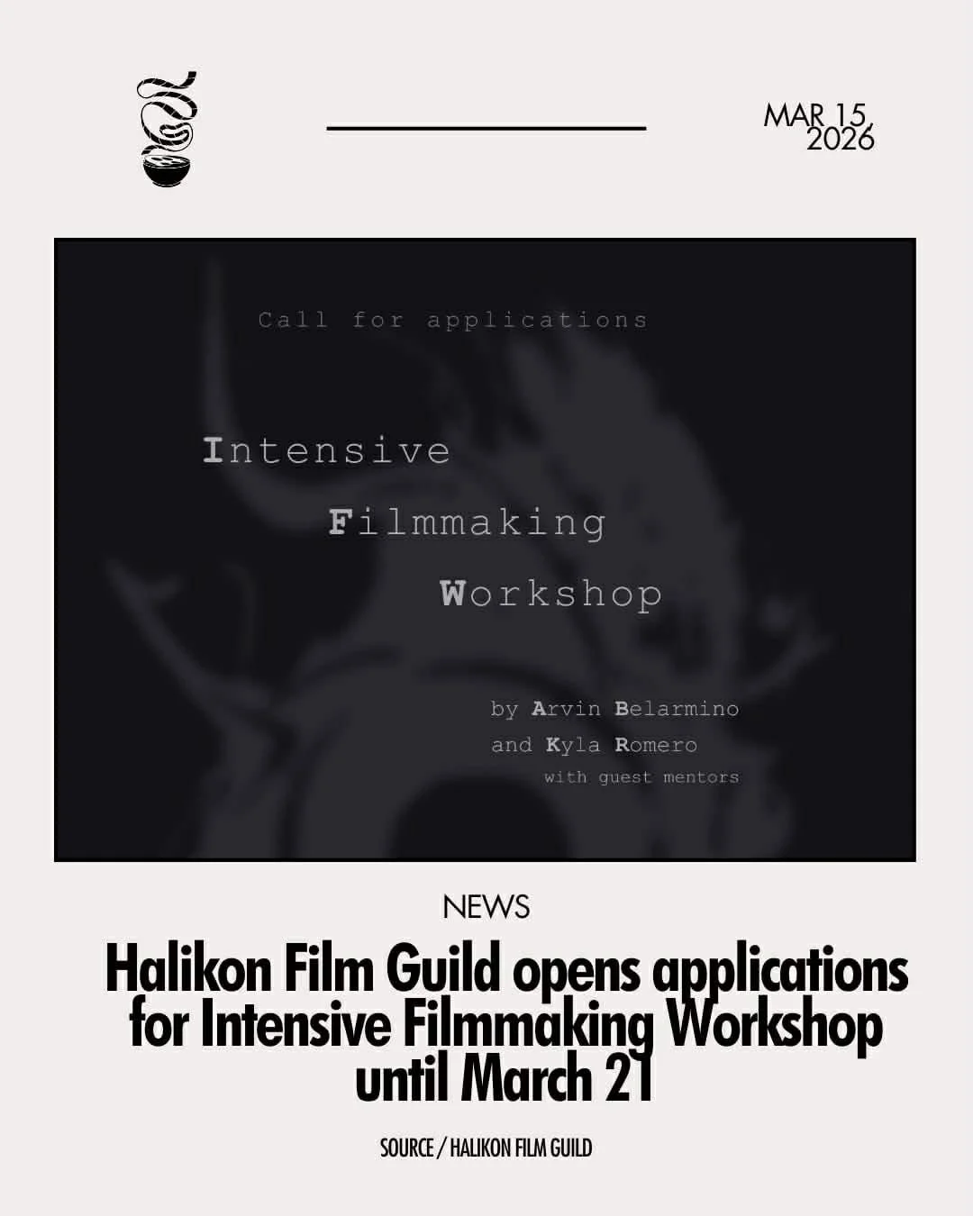 CINEMA, UP CLOSE.

The Halikon Film Guild has opened applications for aspiring filmmakers for an intensive workshop with Arvin Belarmino and Kyla Romero, directors of &lsquo;Agapito,&rsquo; a selection at the Cannes Film Festival

Only six participan