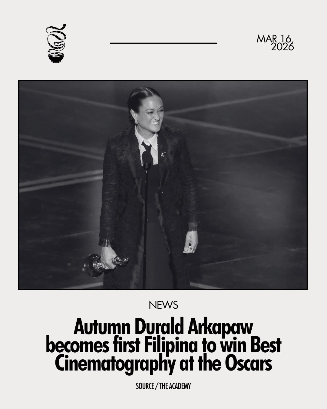 A HISTORIC WIN AT THE OSCARS!

Filipino-American Autumn Durald Arkapaw brings home the Best Cinematography award for &lsquo;Sinners&rsquo; at The 98th Academy Awards, also known as The Oscars. She is the first woman, first woman of color, and first w