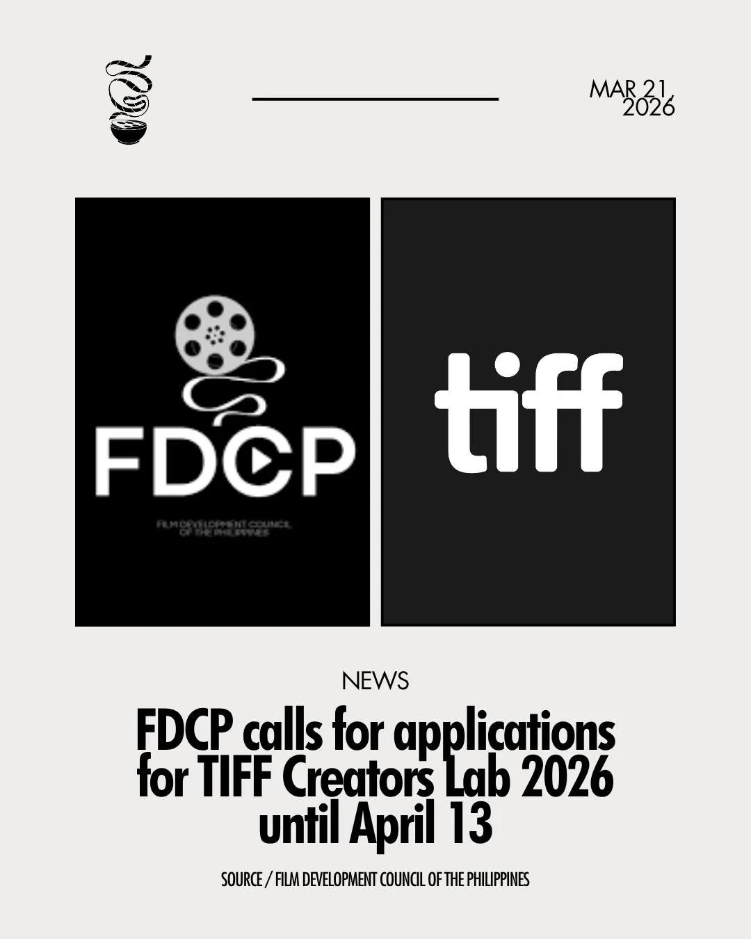 CALLING FILIPINO FILMMAKERS AND INNOVATORS!

The FDCP invites Filipino filmmakers and innovators to apply for TIFF Creators Lab 2026. The festival will feature four programs: Director&rsquo;s Lab, Writer&rsquo;s Lab, Sloan Science &amp; Technology, W