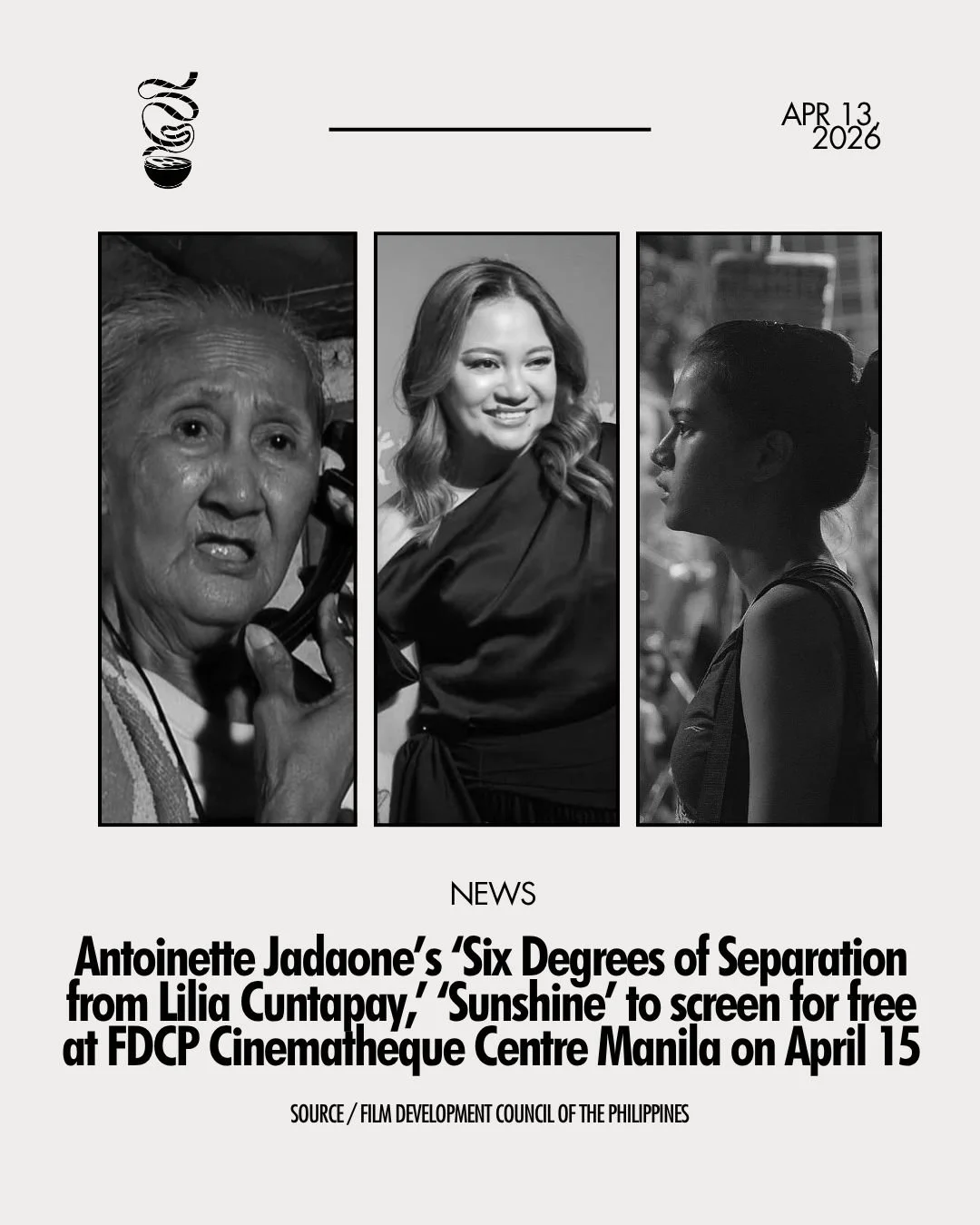 JADAONE IN FOCUS!

The FDCP has launched the 'Cinematheque Director Series,' wherein a Filipino filmmaker's work will be highlighted monthly, with Antoinette Jadaone as the inaugural focus of the program. 

Jadaone's 'Six Degrees of Separation from L