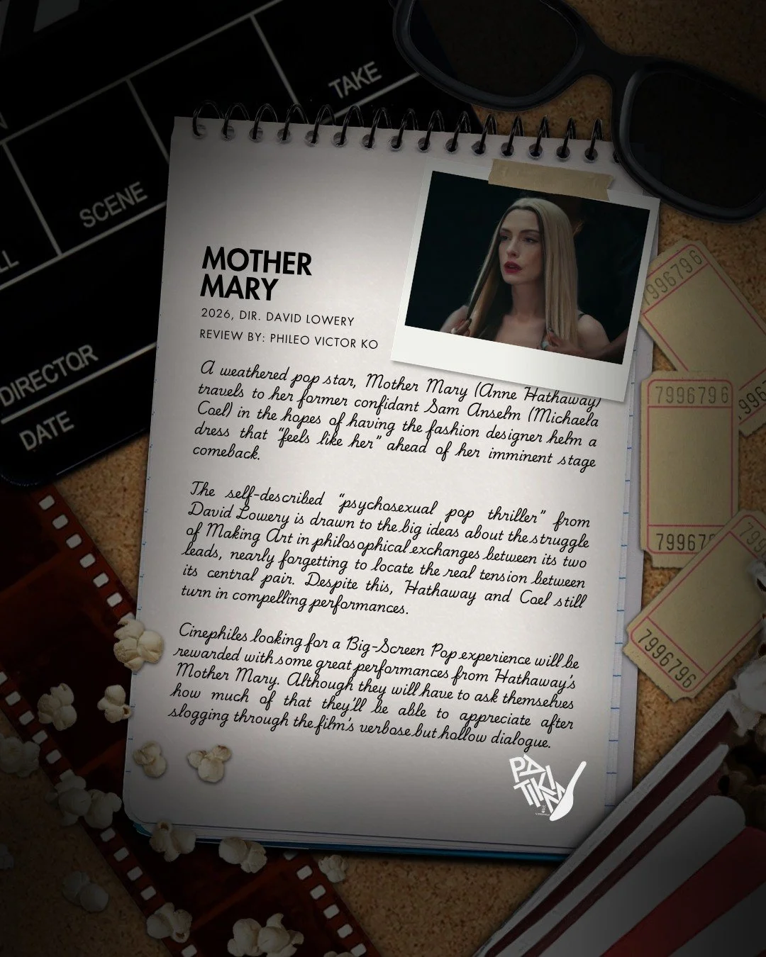 The psychosexual pop thriller 'Mother Mary' is drawn to the big ideas about the struggle of Making Art in philosophical exchanges between its two leads, nearly
forgetting to locate the real tension between its central pair. Despite this, Hathaway and