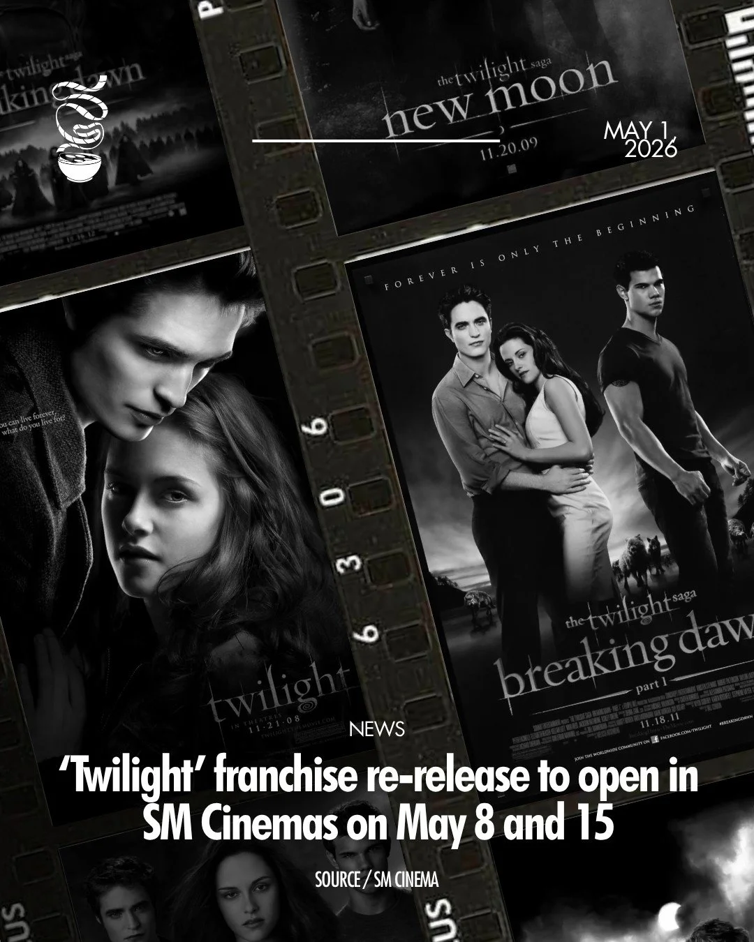 TWIHARDS UNITE!

17 years following the first film in the franchise, SM Cinemas is set to re-release the box-office darling 'Twilight' series, starring Kristen Stewart, Robert Pattinson, and Taylor Lautner, this May.

'Twilight,' 'The Twilight Saga: 