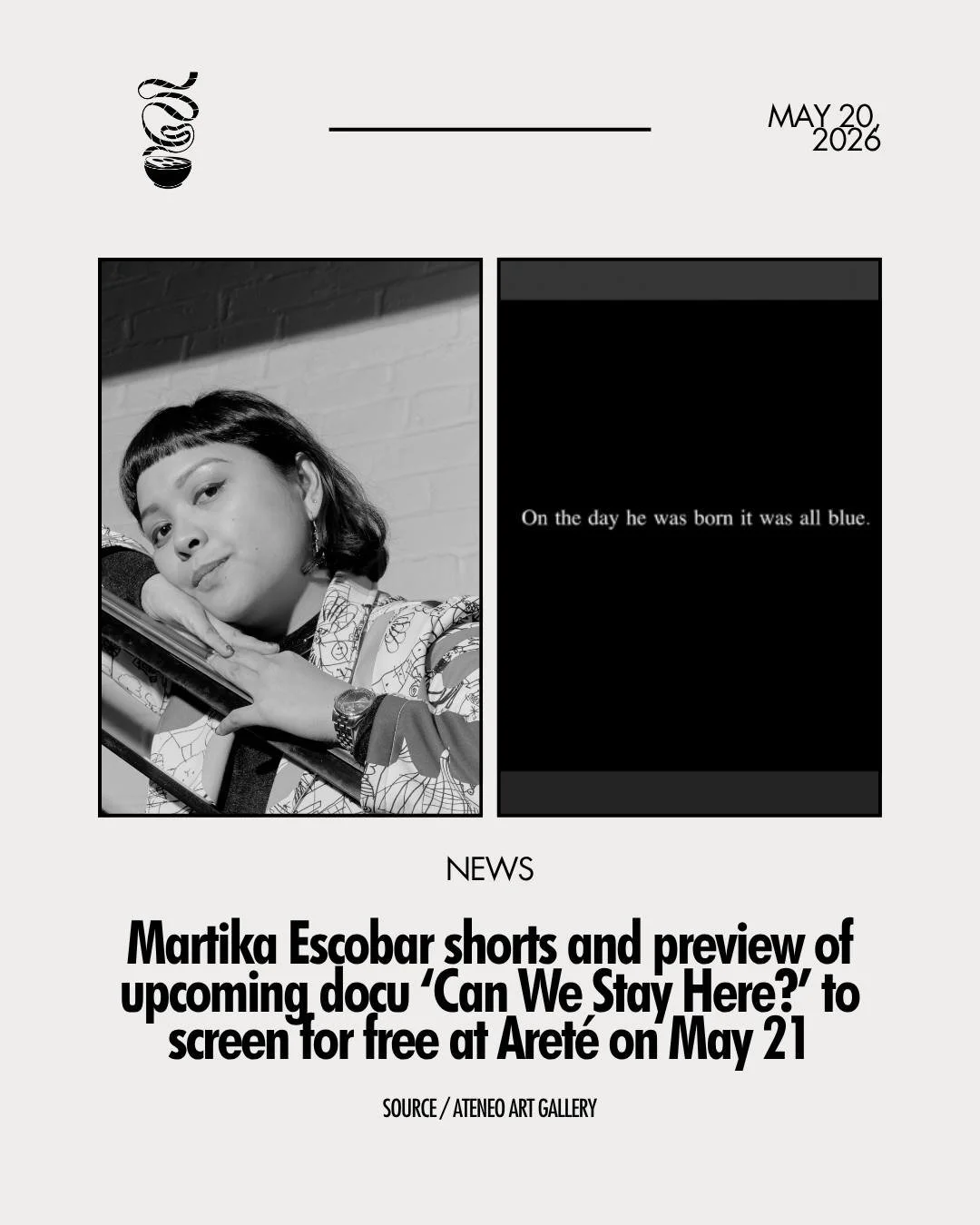 A SPECIAL PREVIEW!

Martika Escobar's shorts 'Don't worry we still hear you' and 'Bintana 2060,' including a special preview of her upcoming documentary 'Can We Stay Here?,' will be screened for free at the Ben Chan ArtSuite, Aret&eacute;, Ateneo de 